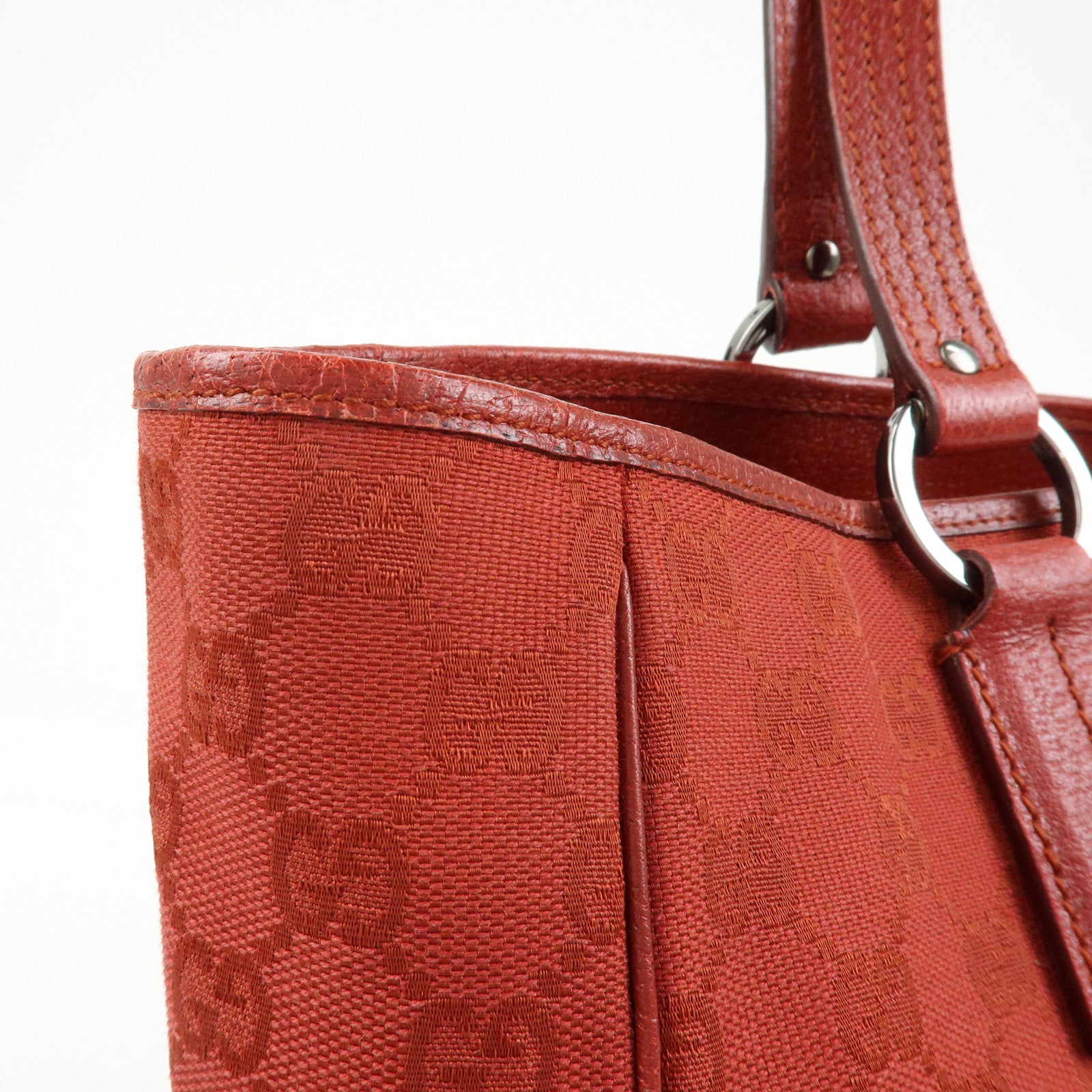 GUCCI GG Canvas Leather Tote Bag Hand Bag Shoulder Bag Red 113017