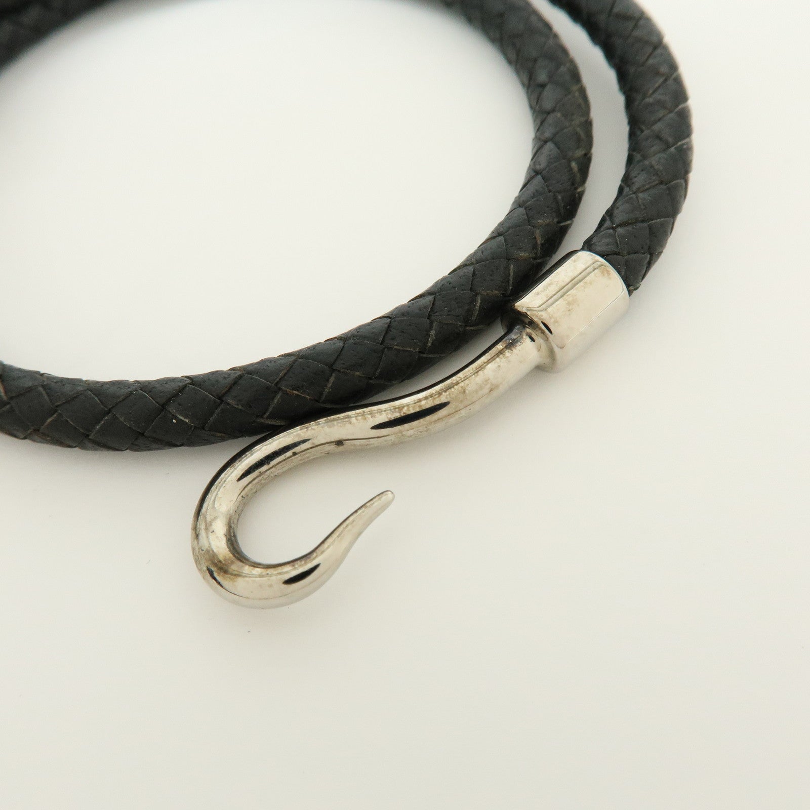 HERMES Jumbo Choker Double Tour Leather Metal Bracelet Black Silver