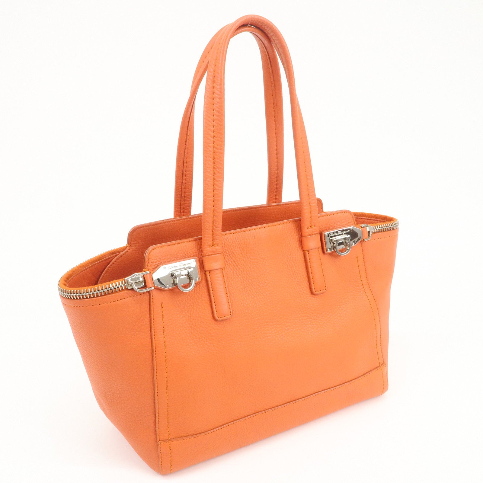 Ferragamo Gancini Leather Tote Bag Hand Bag SHouder Bag Orange
