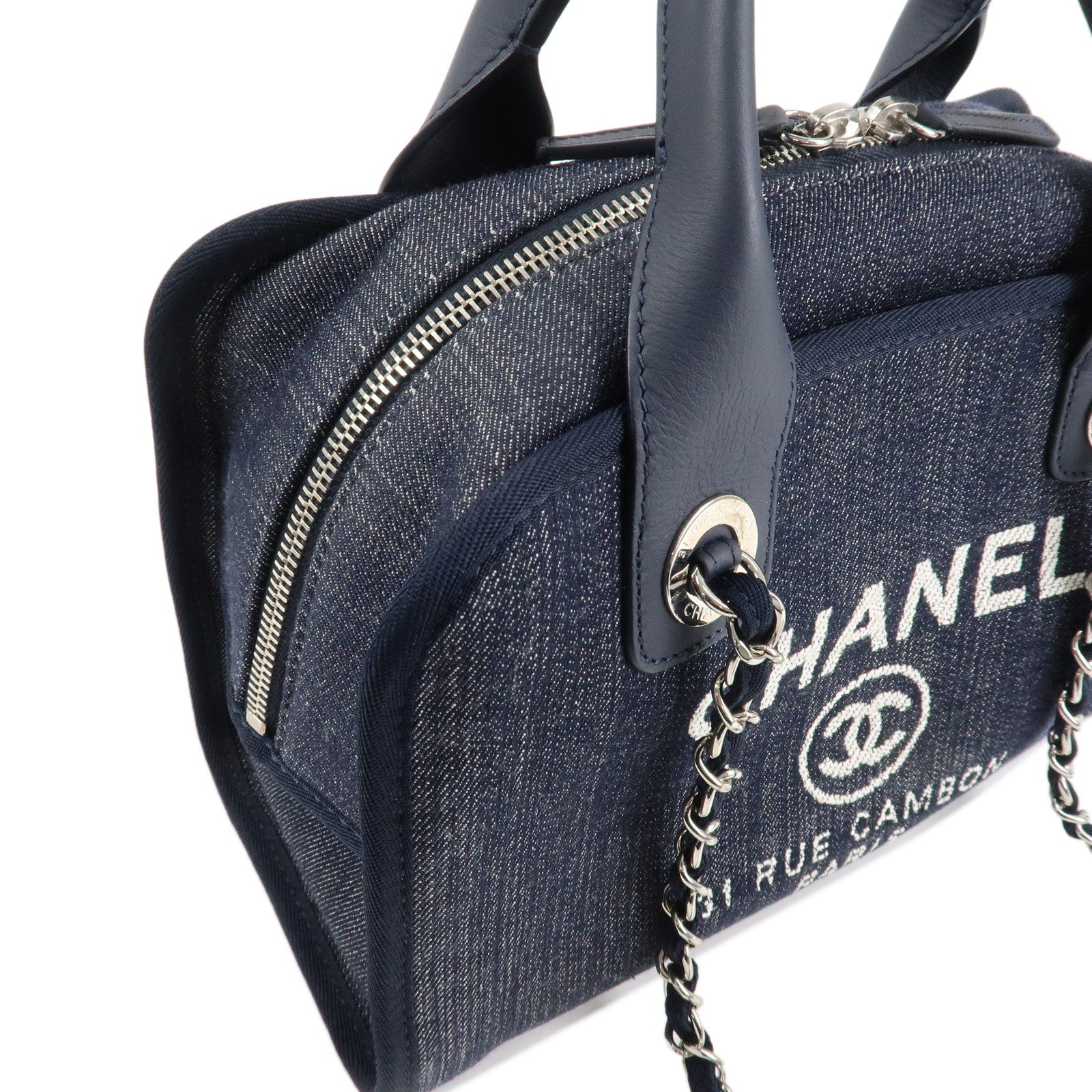 CHANEL Deauville Leather Denim 2Way Bag Bowling Bag Navy A92749 Used