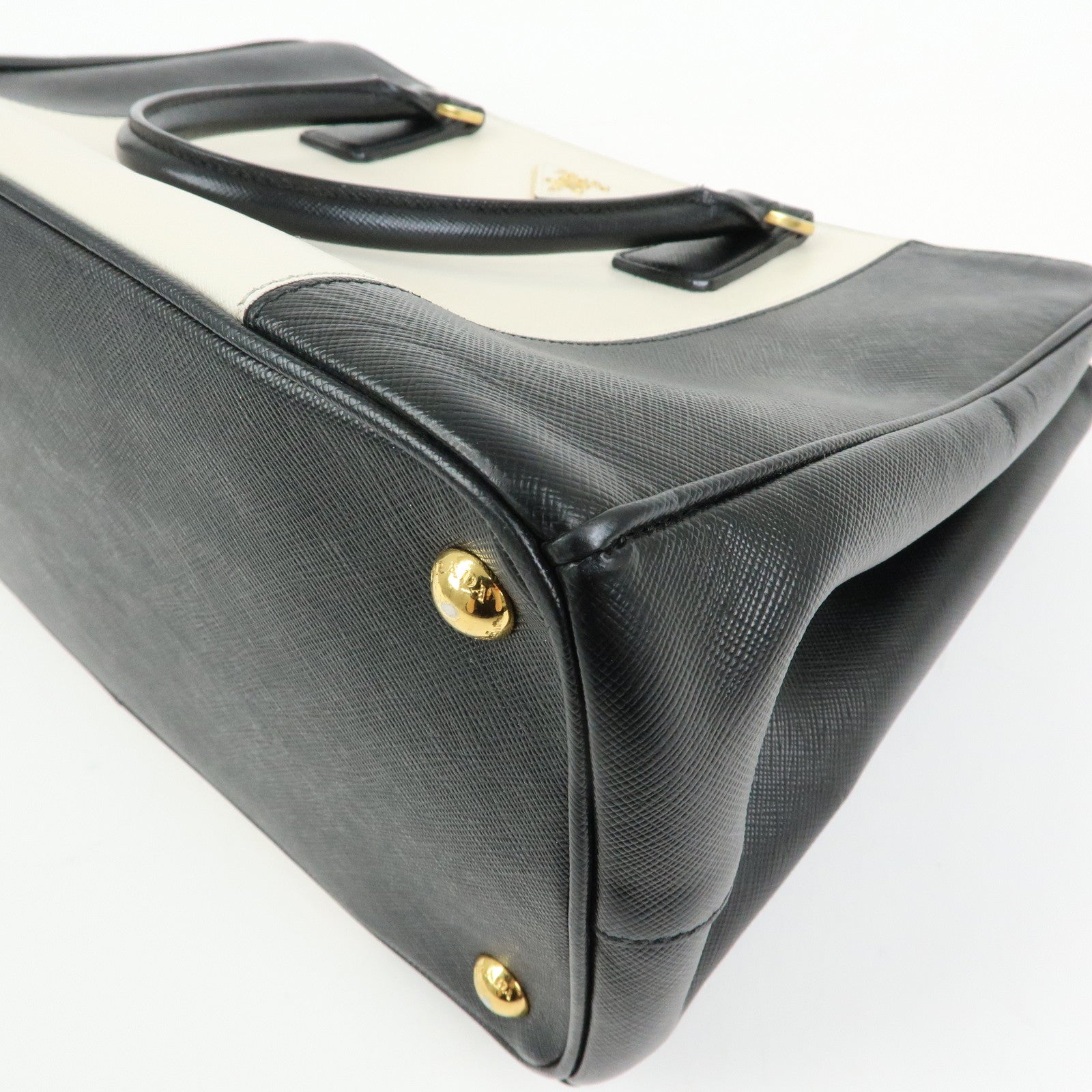 PRADA Triangle Logo Saffiano Leather Hand Bag Tote Bag Ivory Black