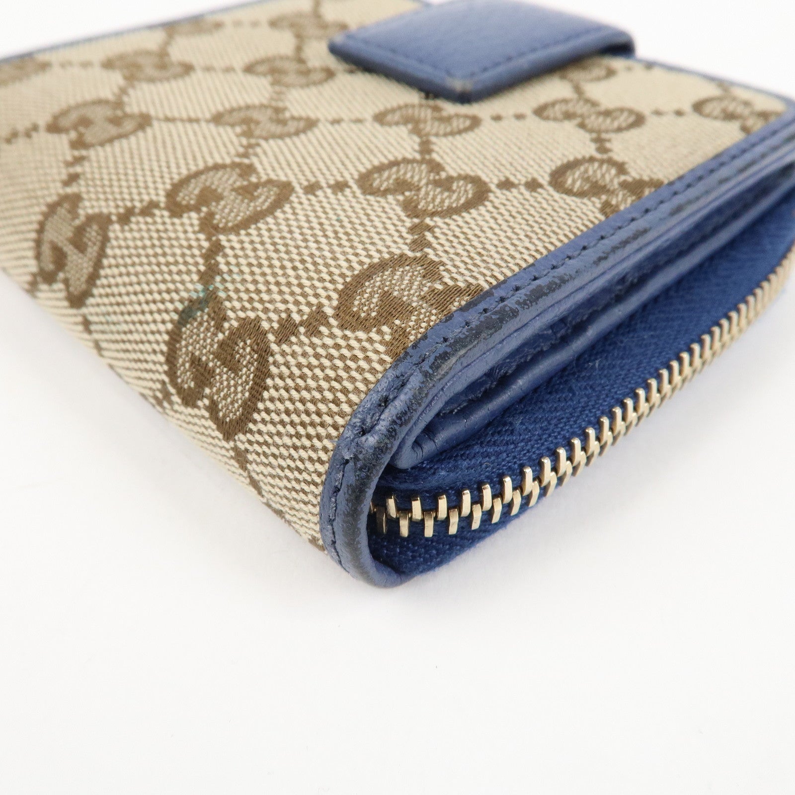 GUCCI GG Canvas Leather Bi-Fold Wallet Beige Blue 346056 Used