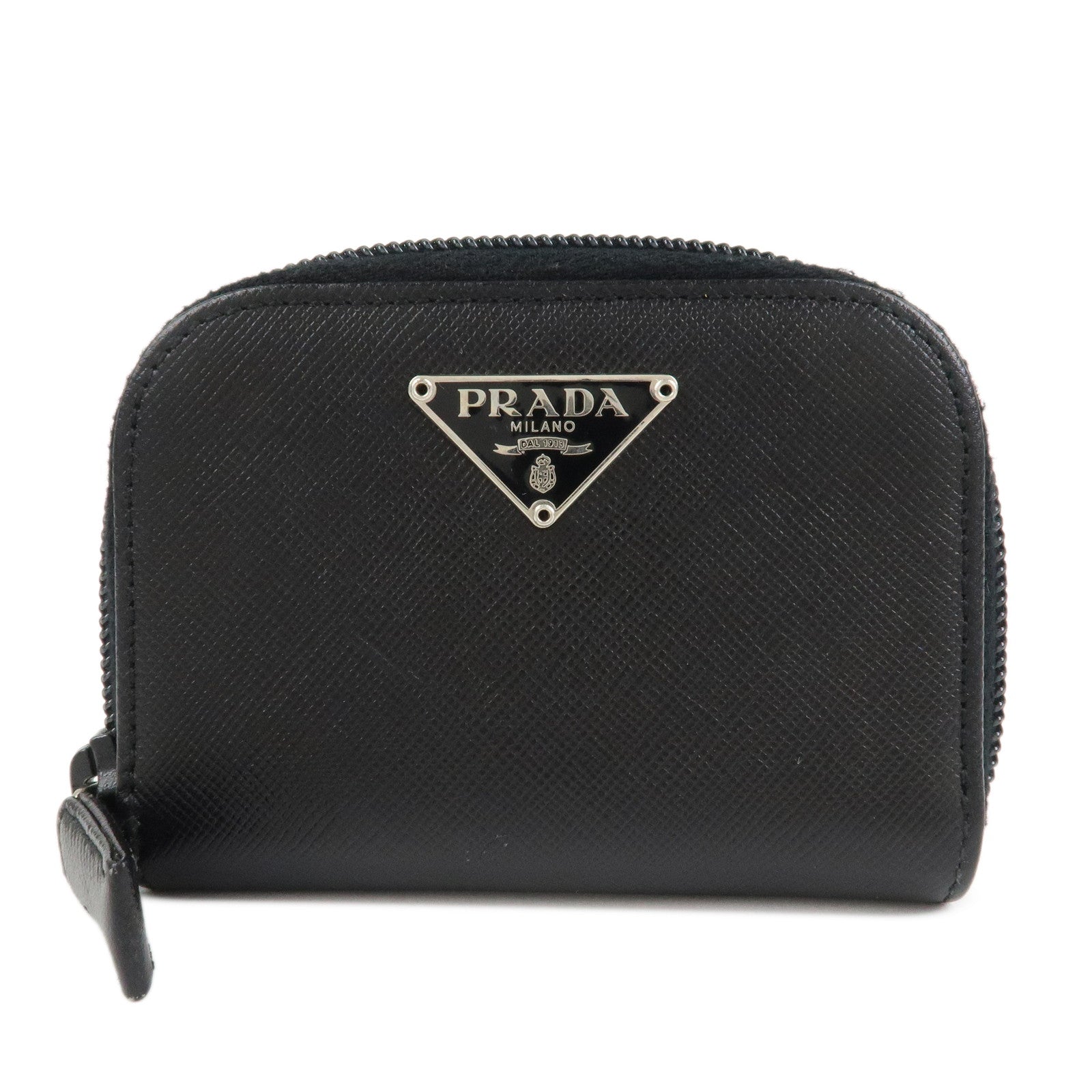 PRADA Triangle Logo Saffiano Leather Round Zippy Coin Case Black