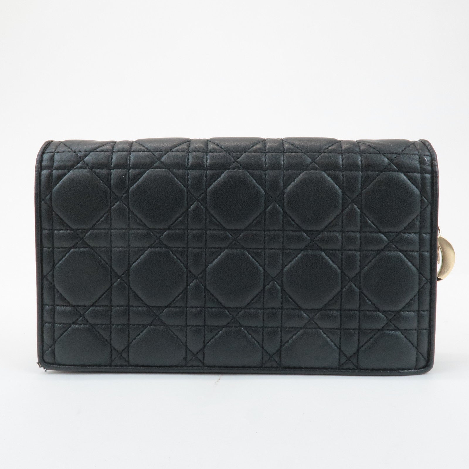 Christian Dior Cannage Leather Chain Shoulder Bag Black Gold Charm