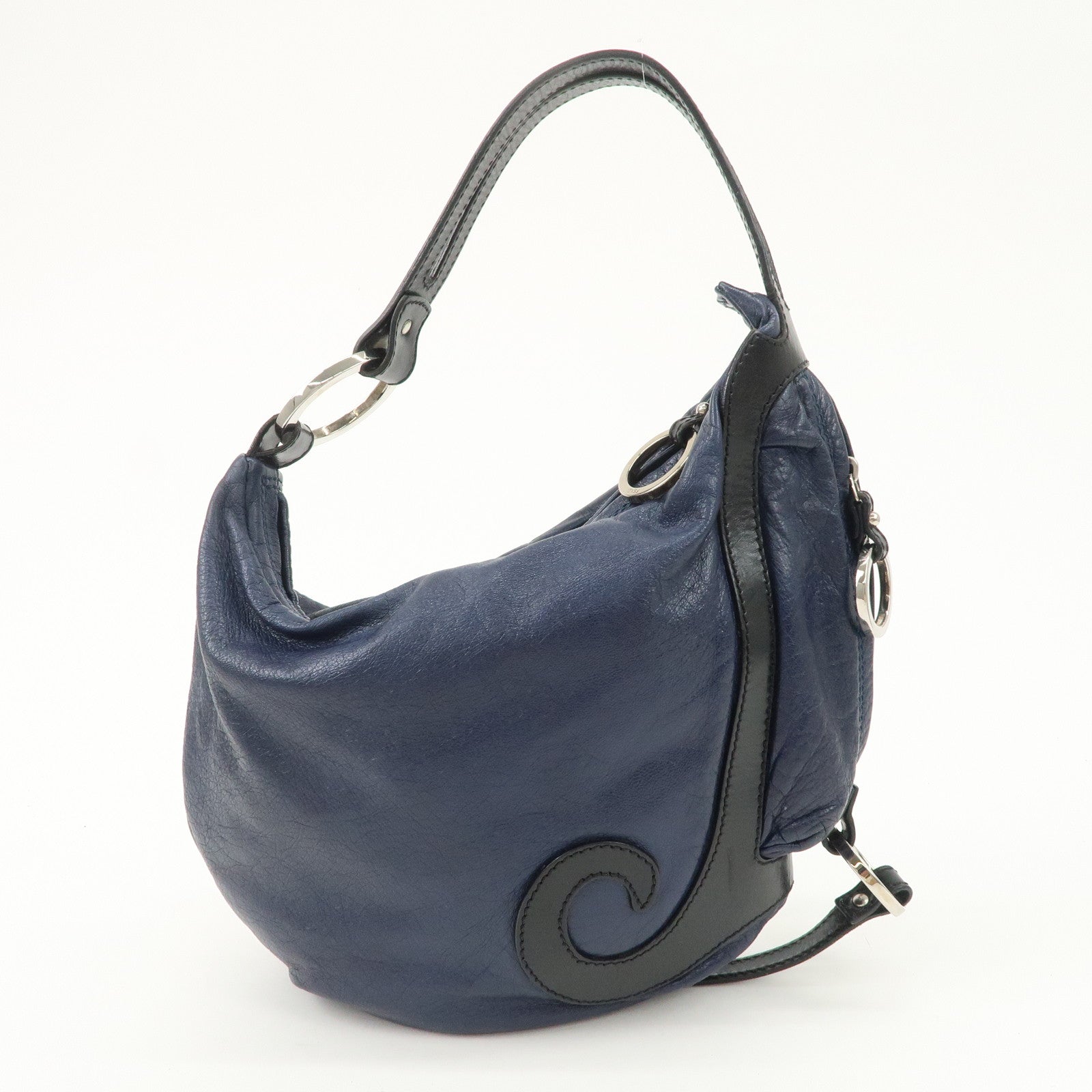 FENDI Leather Shoulder Bag Navy Black Silver HDW 8BR293 Used