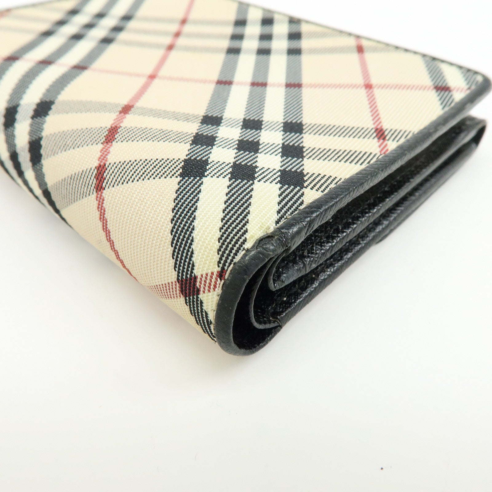 BURBERRY Nova Plaid Canvas Leather Compact Wallet Black Beige