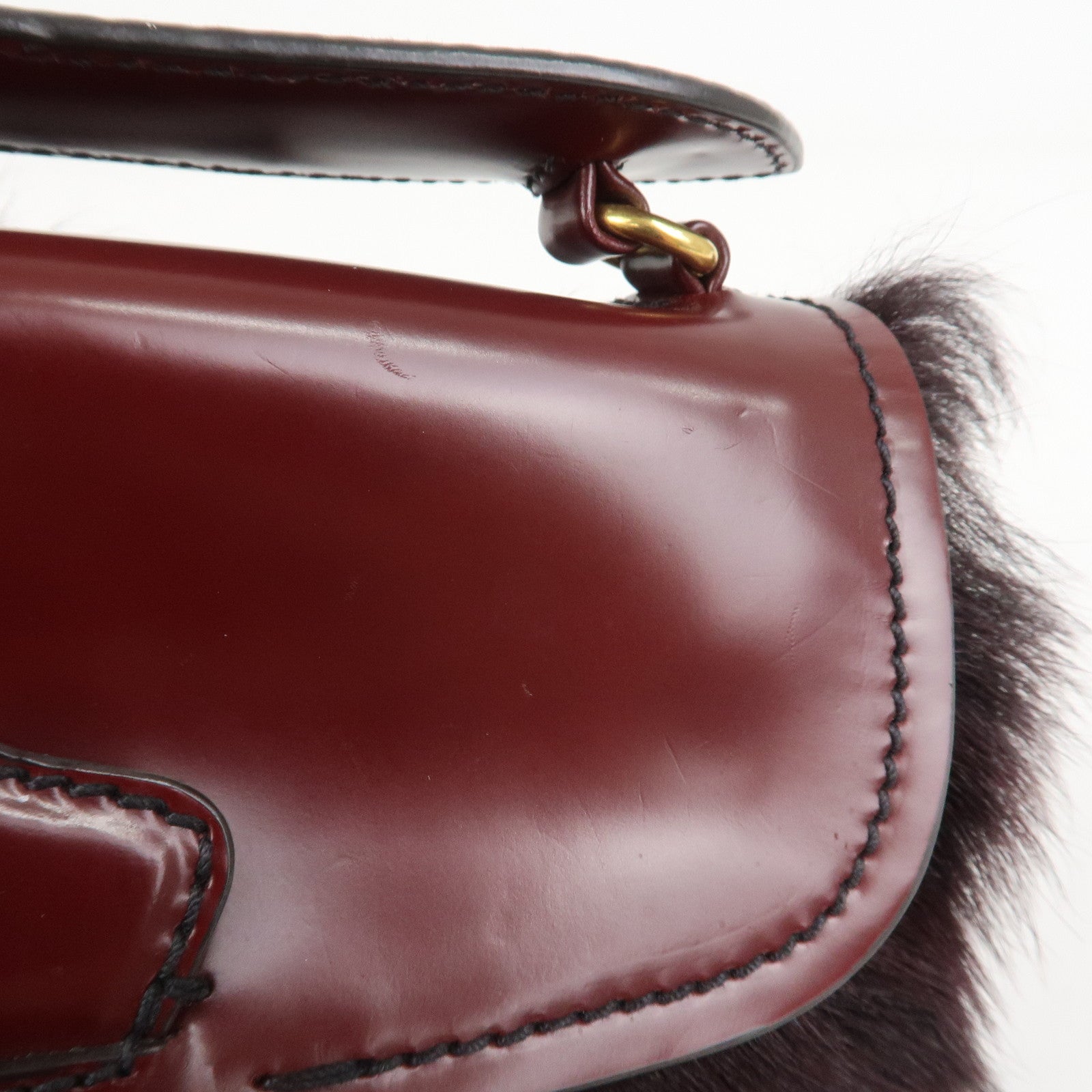 PRADA Leather Fur Chain Shoulder Bag Crossbody Bag Brown BP0368