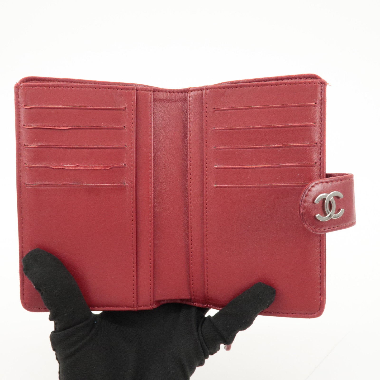 CHANEL COCO Mark Camelia Leather Bi-fold Wallet Red A50087 Used