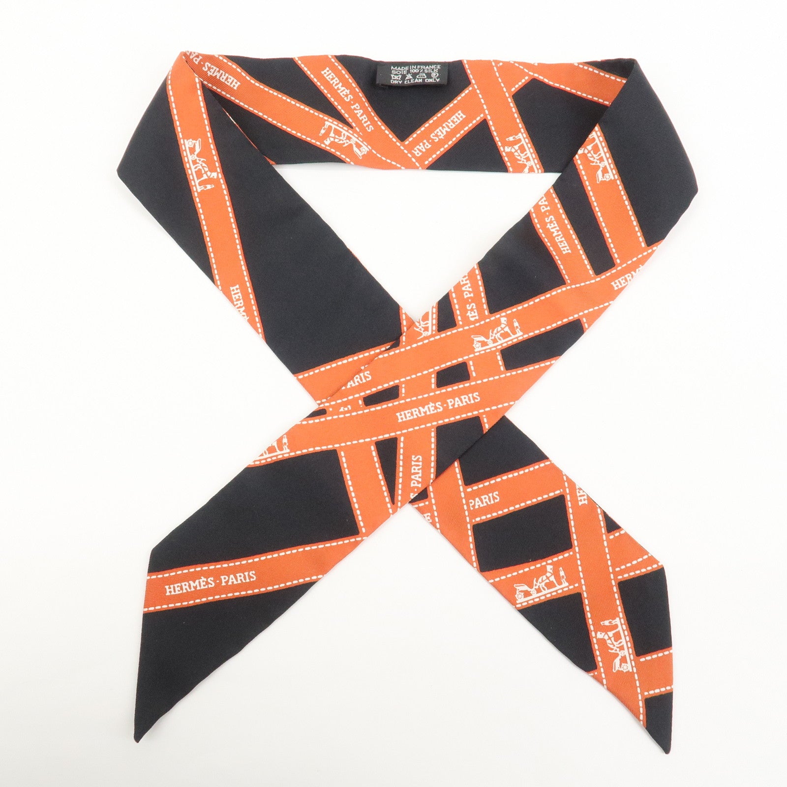 HERMES Twilly Silk 100% Bolduc Scarf Black Orange
