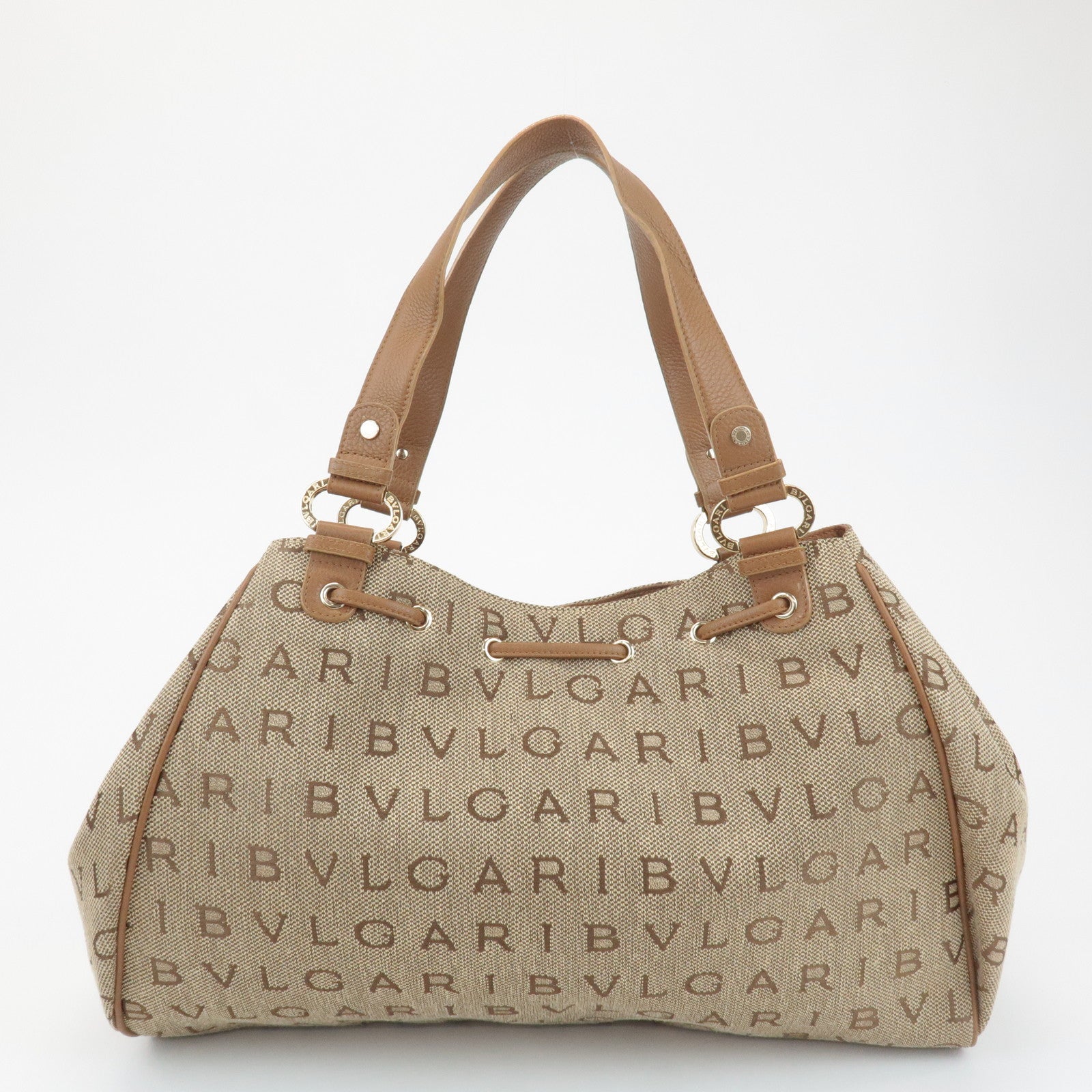 BVLGARI Logo Mania Leather Canvas Tote Bag Shoulder Bag Beige Brown Used