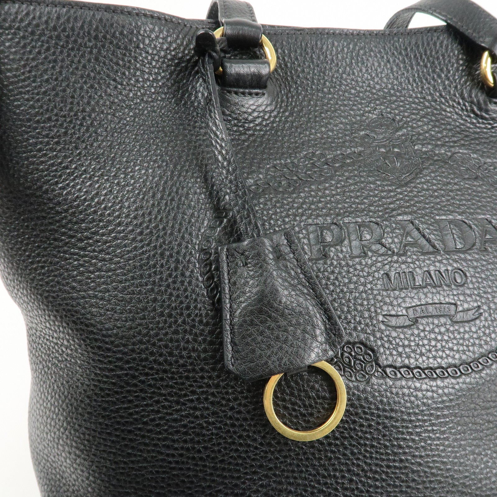PRADA Logo Leather Tote Bag Shoulder Bag Black 1BG100 Used