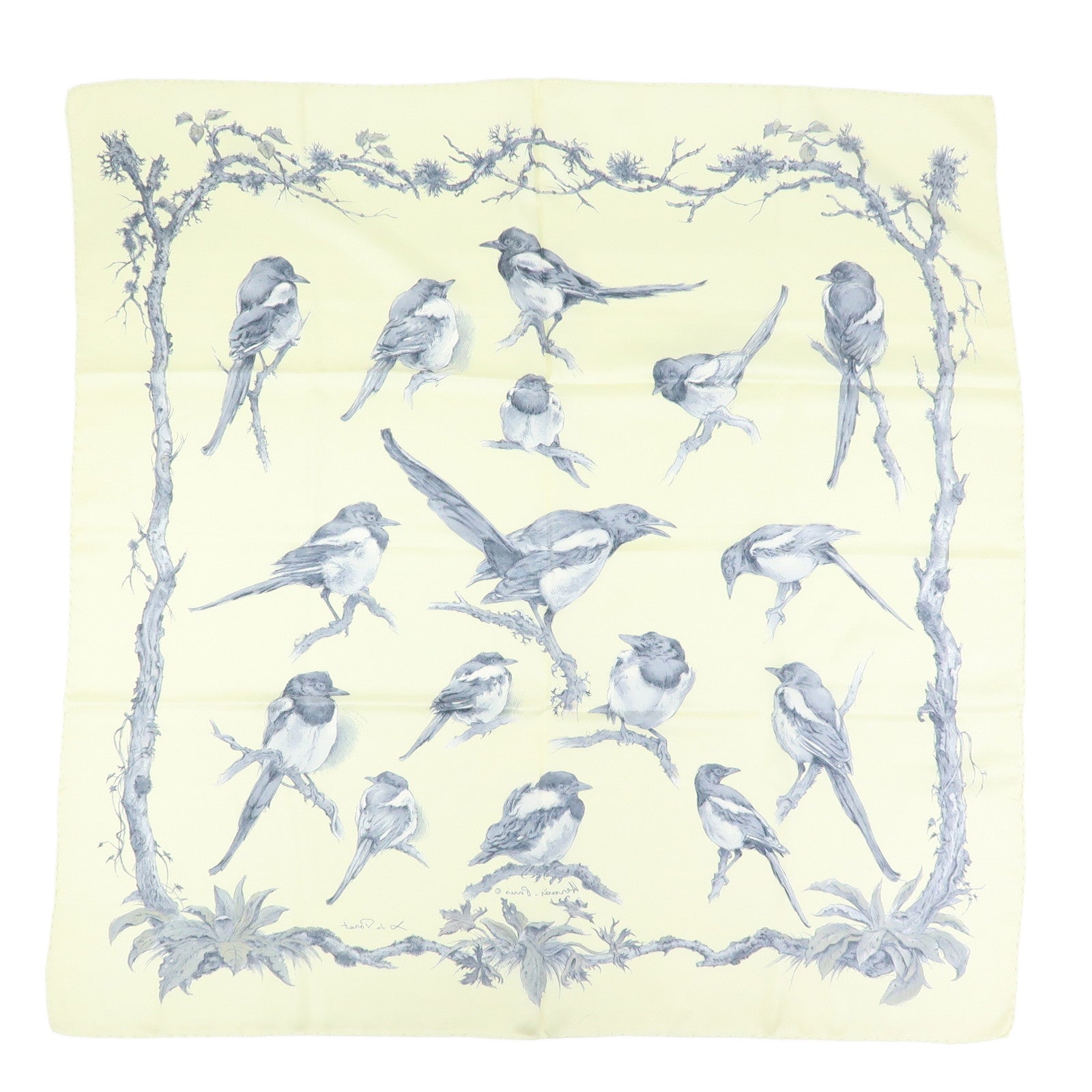HERMES Carre 90 Silk 100% Scarf Les Pies Ivory Grey