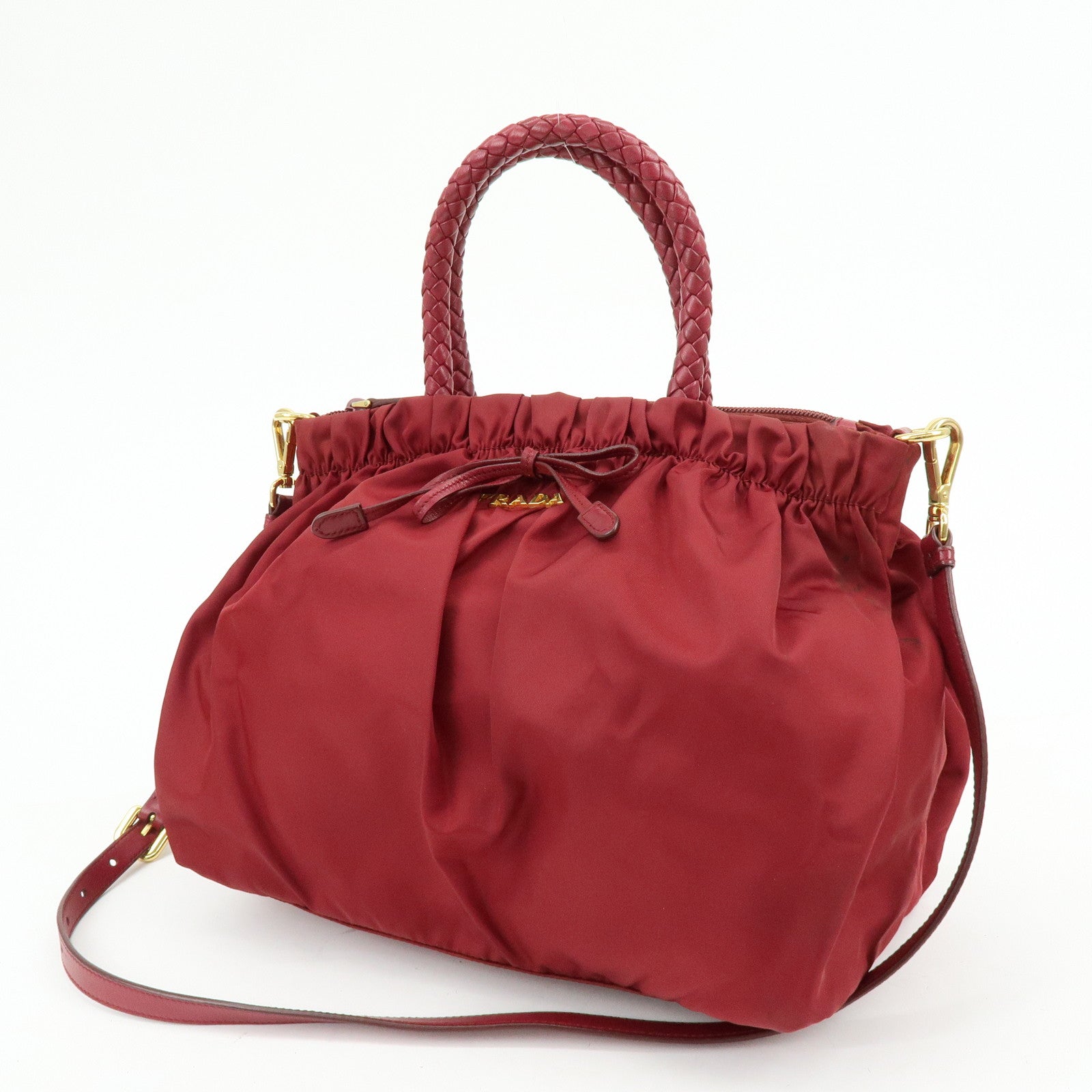 PRADA Nylon Leather Ribbon 2Way Bag Hand Bag Shoulder Bag Red