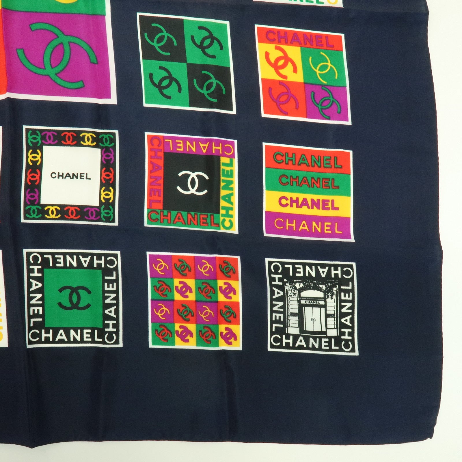 CHANEL COCO Mark Silk 100% Scarf Logo Print Black Multicolor