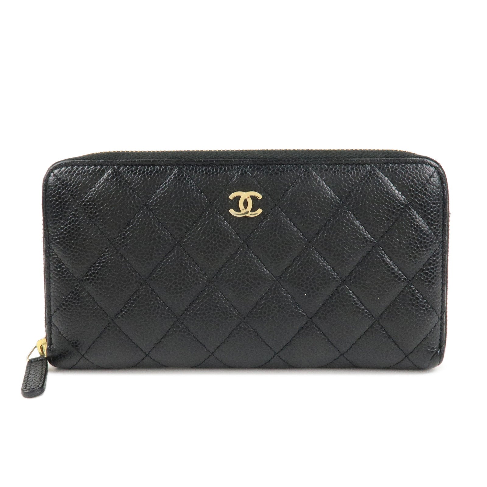 CHANEL Matelasse Caviarskin Round Zippy Long Wallet Black AP0242 Used