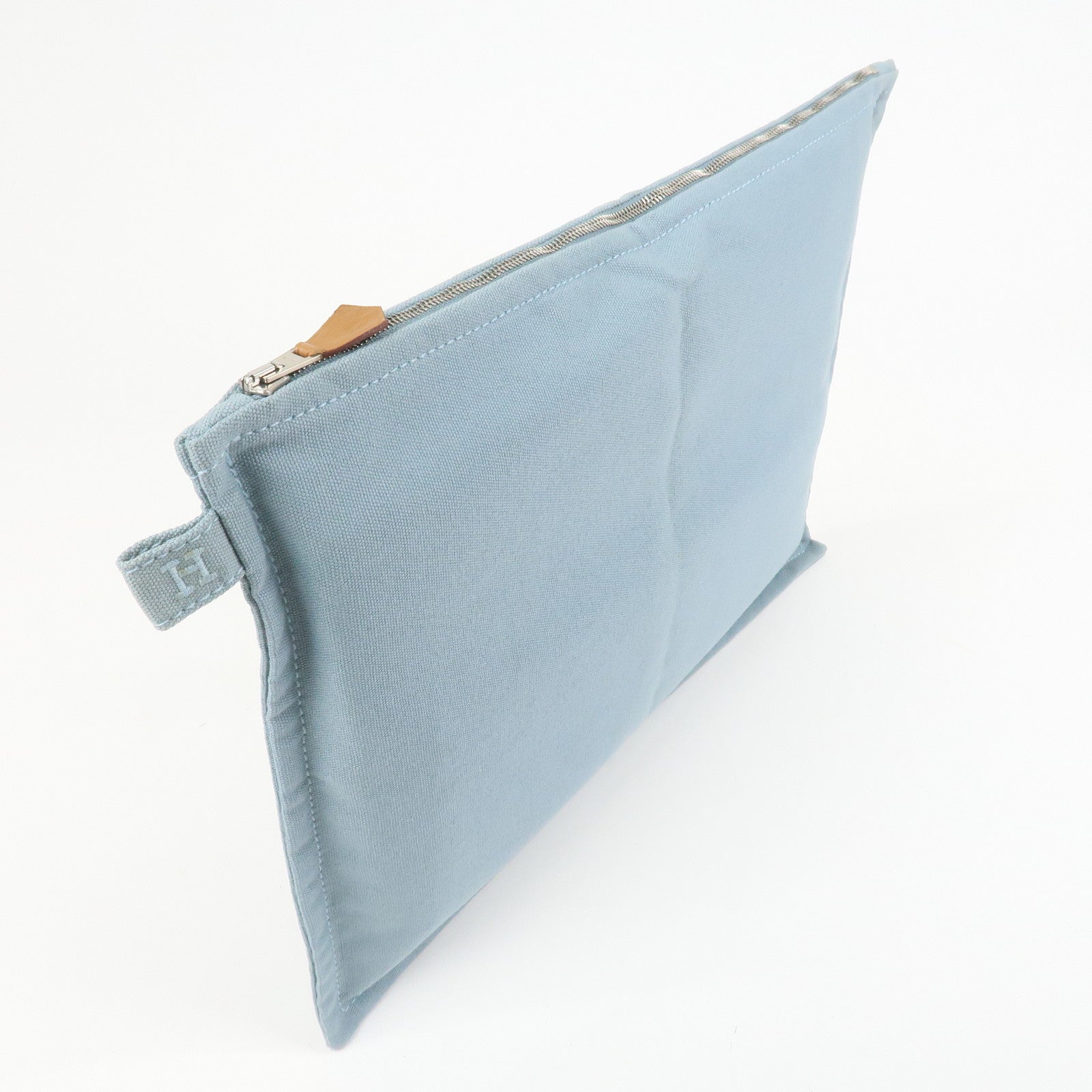 HERMES Bora Bora GM Cotton Leather Pouch Light Blue