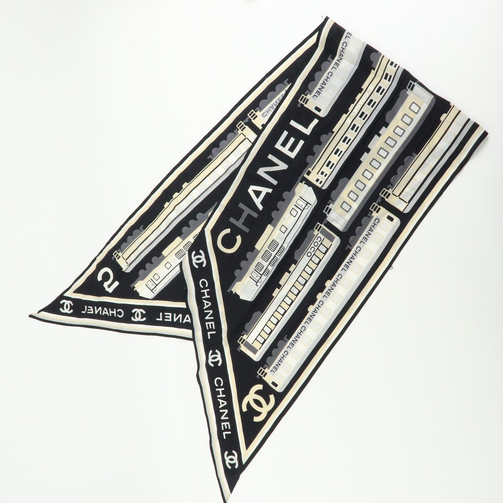 CHANEL COCO Mark Silk100% Train Scarf Shawl Black