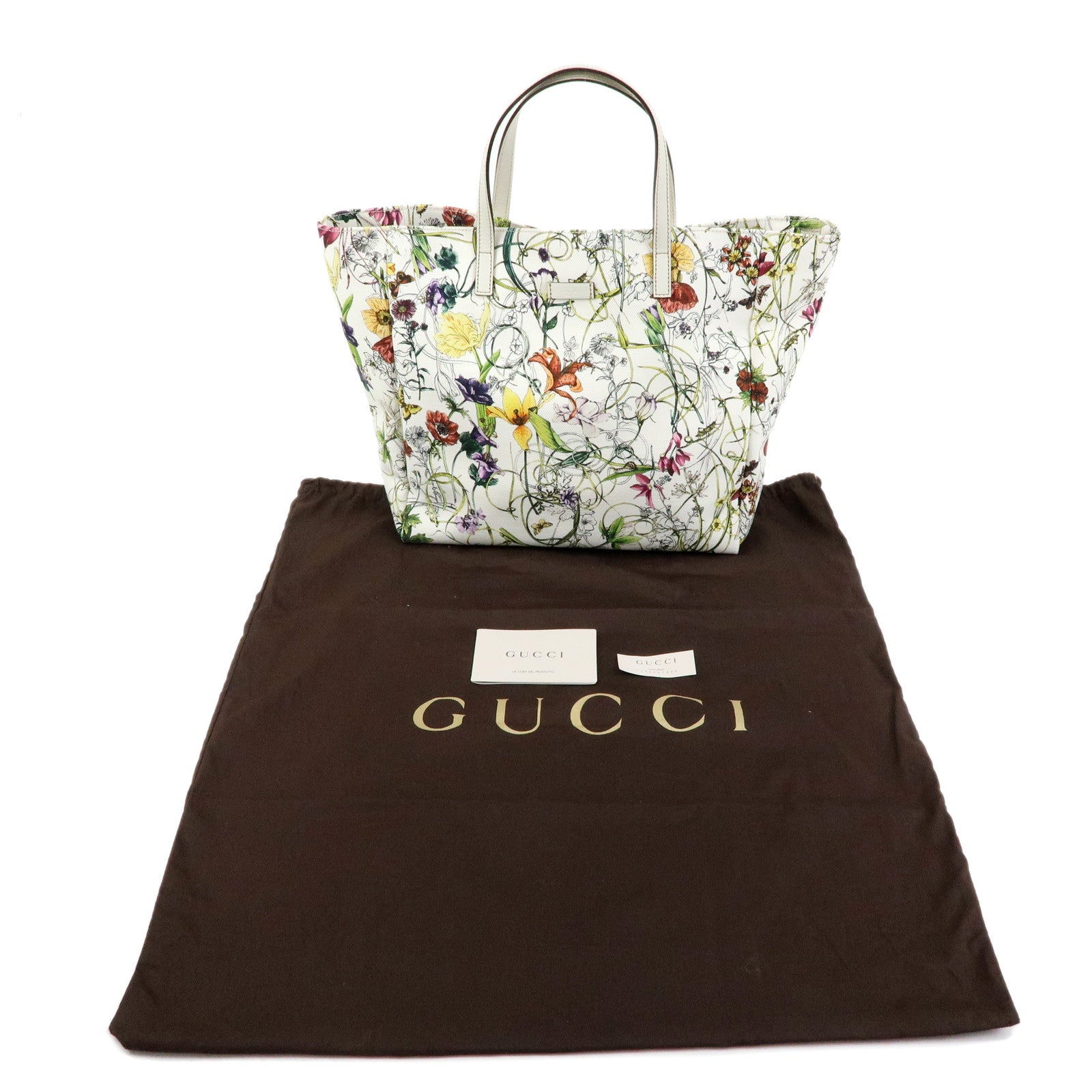 GUCCI Flora Canvas Leather Flower Tote Bag Hand Bag White 282439
