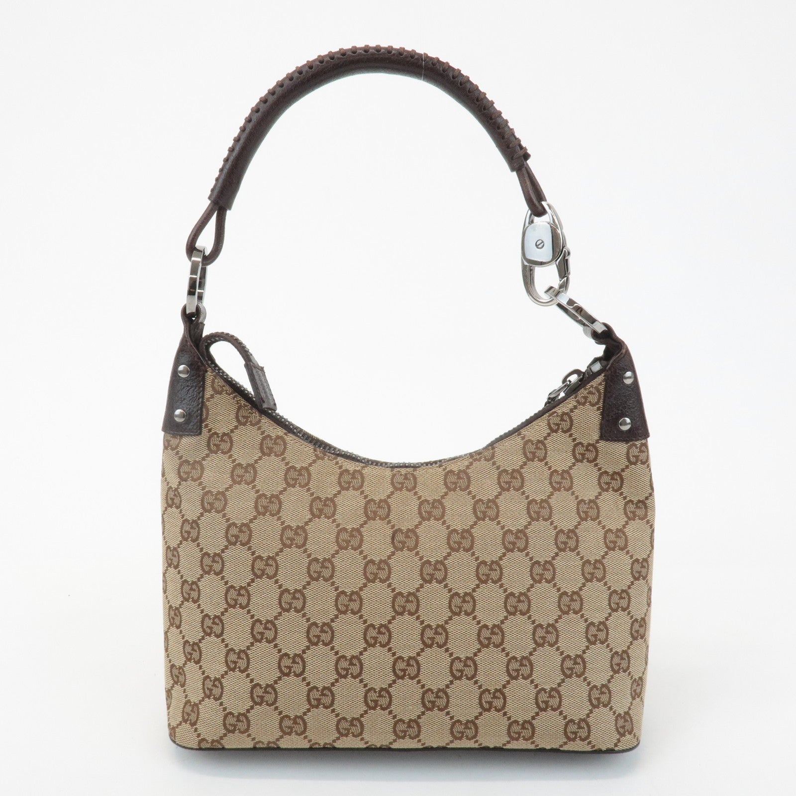 GUCCI GG Canvas Leather Shoulder Bag Hand Bag Beige Dark Brown 115002 Used