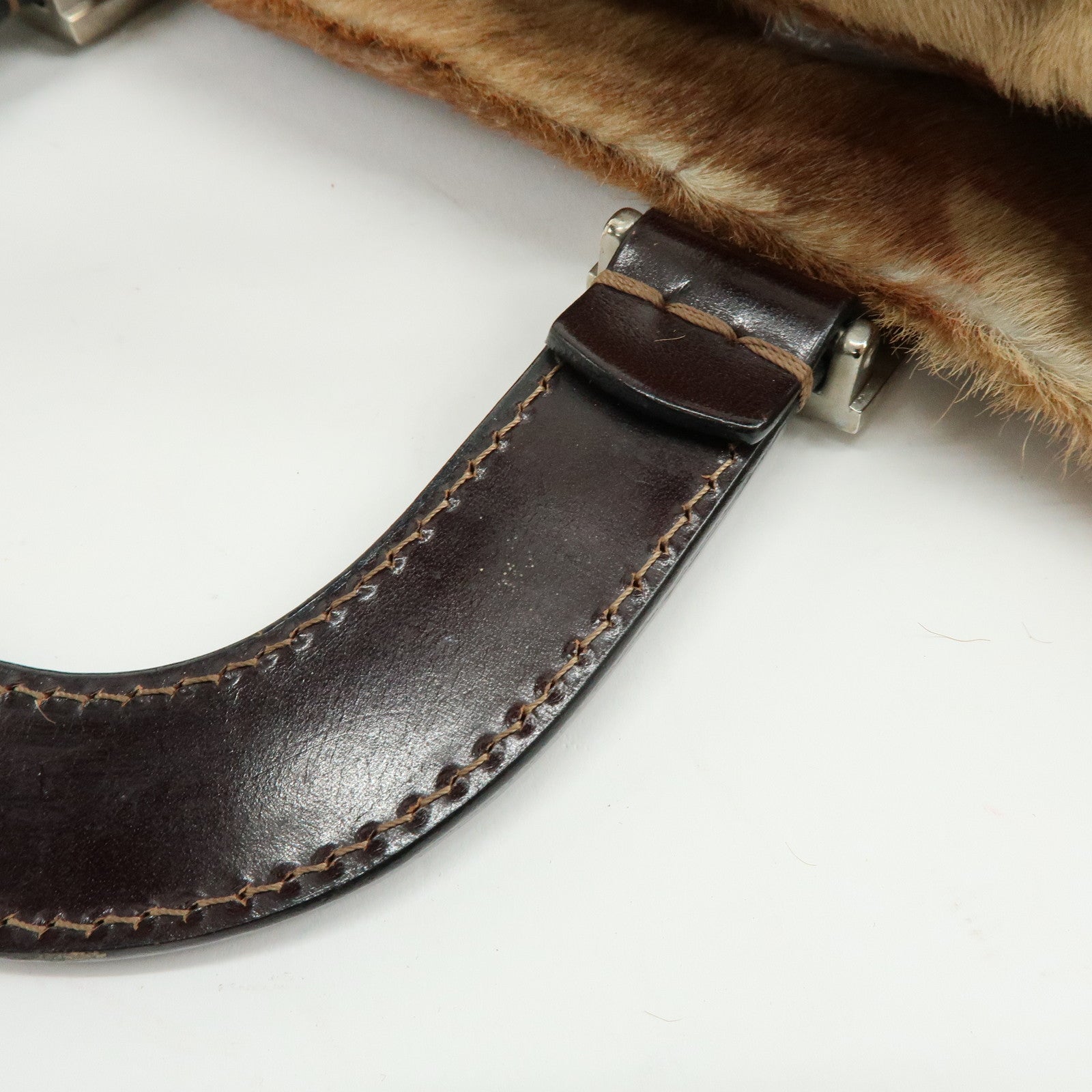 FENDI Calf Hair Leather Animal Pattern Tote Bag Hand Bag Brown