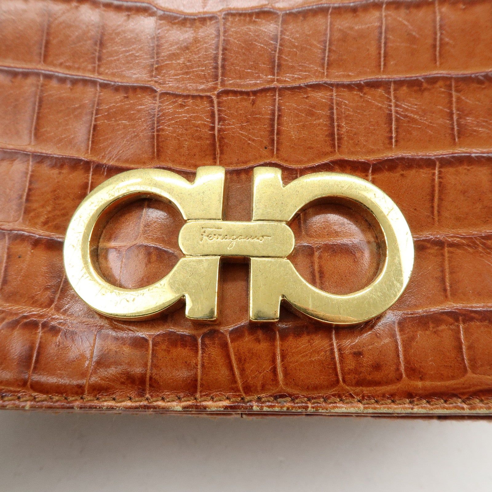 Ferragamo Gancini Embossed Leather Shoulder Crossbody Bag Brown