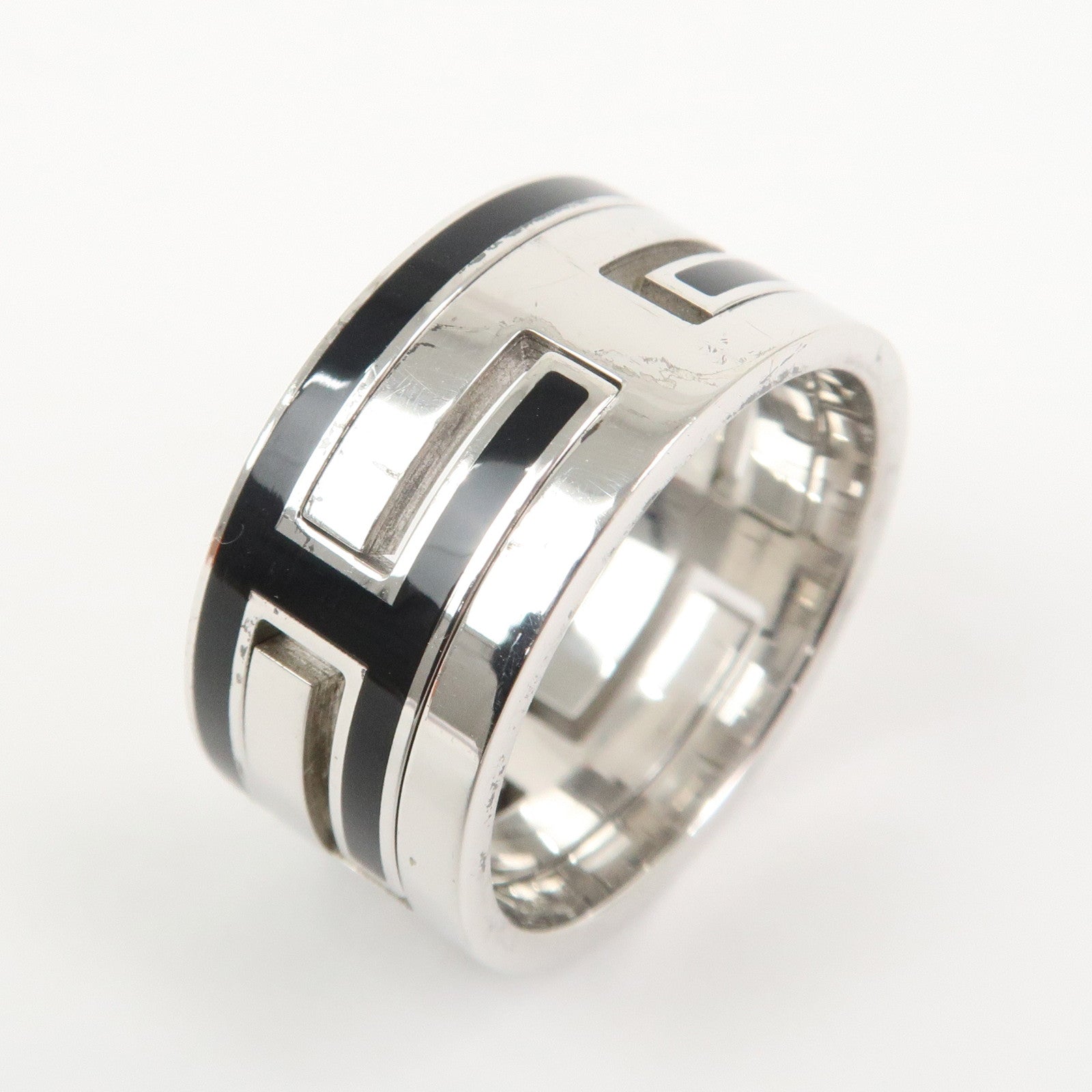 HERMES Move Ash Enamel Logo Ring SV925 Silver Black