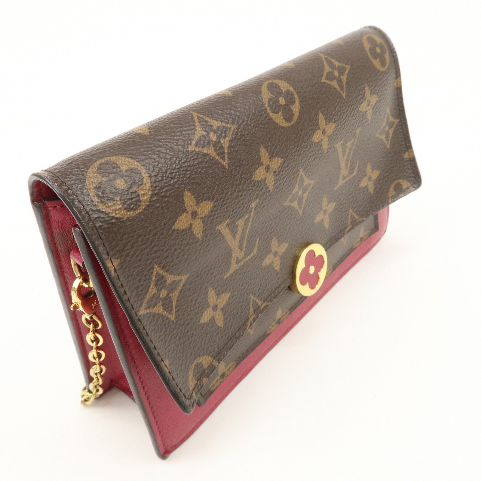 Louis Vuitton Monogram Leather Portefeuille Flore Chain Wallet Brown Pink M69578 Used