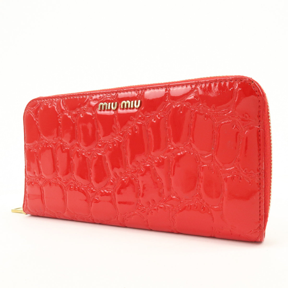 MIU MIU Patent Embossed Leather Round Zippy Long Wallet Red 5ML506
