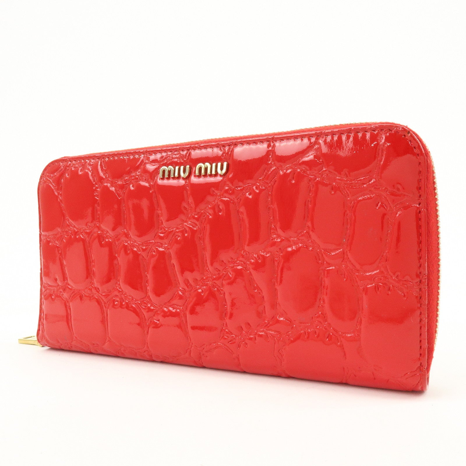 MIU MIU Patent Embossed Leather Round Zippy Long Wallet Red 5ML506