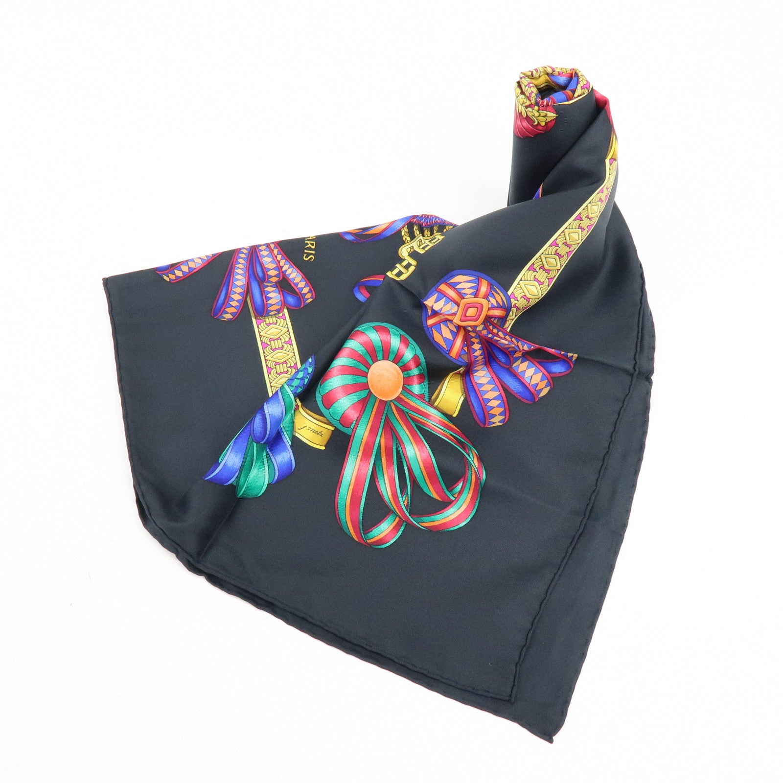 HERMES Carre 90 Silk 100% Scarf LES RUBANS DU CHEVAL Black