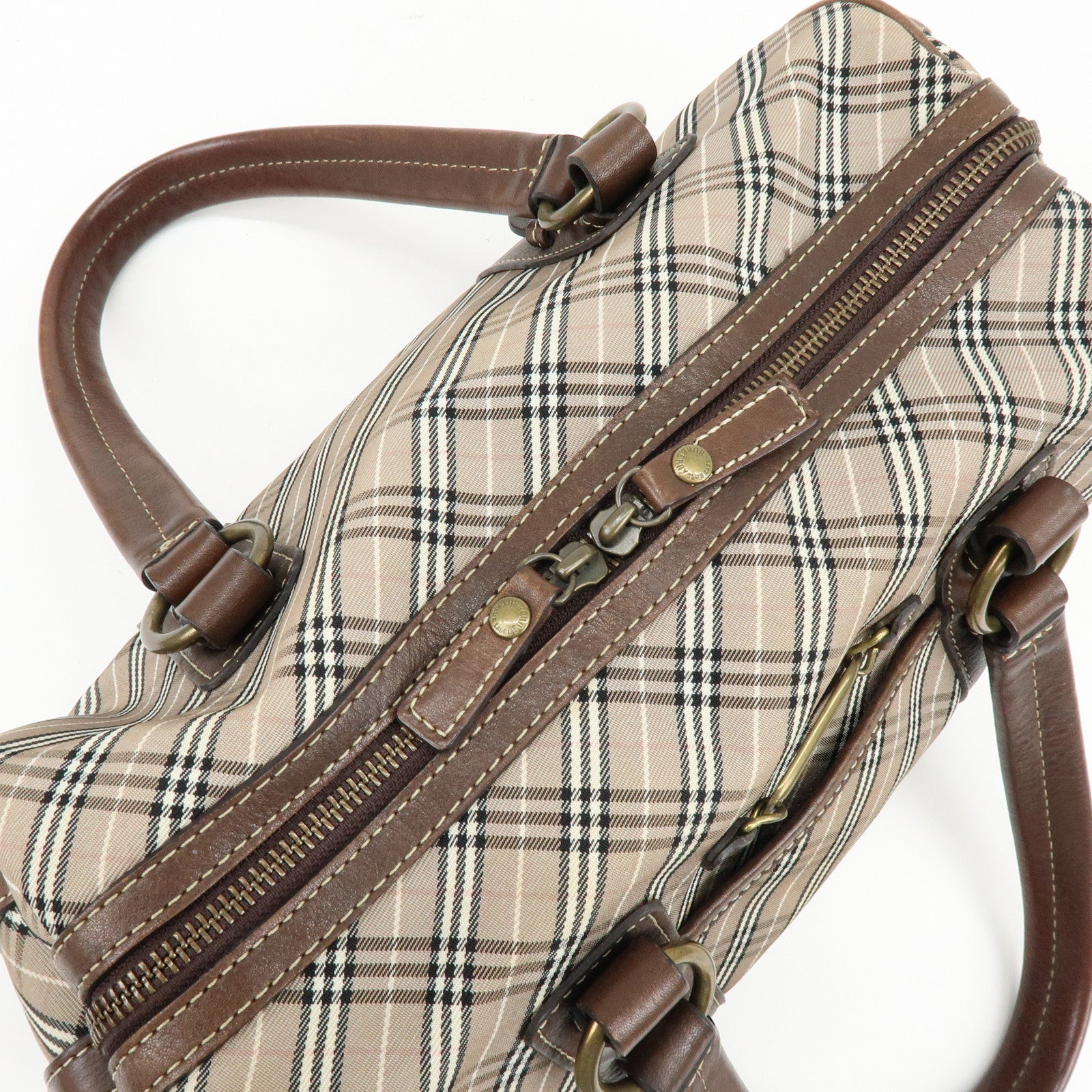 BURBERRY Blue Label Canvas Leather Plaid Hand Bag Boston Bag Brown