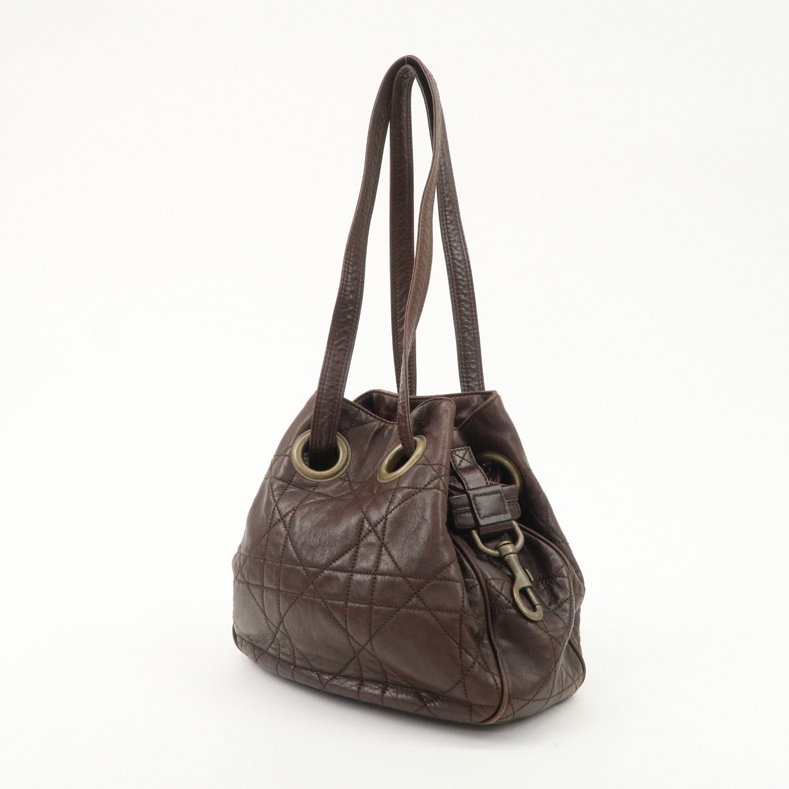 Christian Dior Canage Leather Shoulder Bag Dark Brown Gold Hardware Used