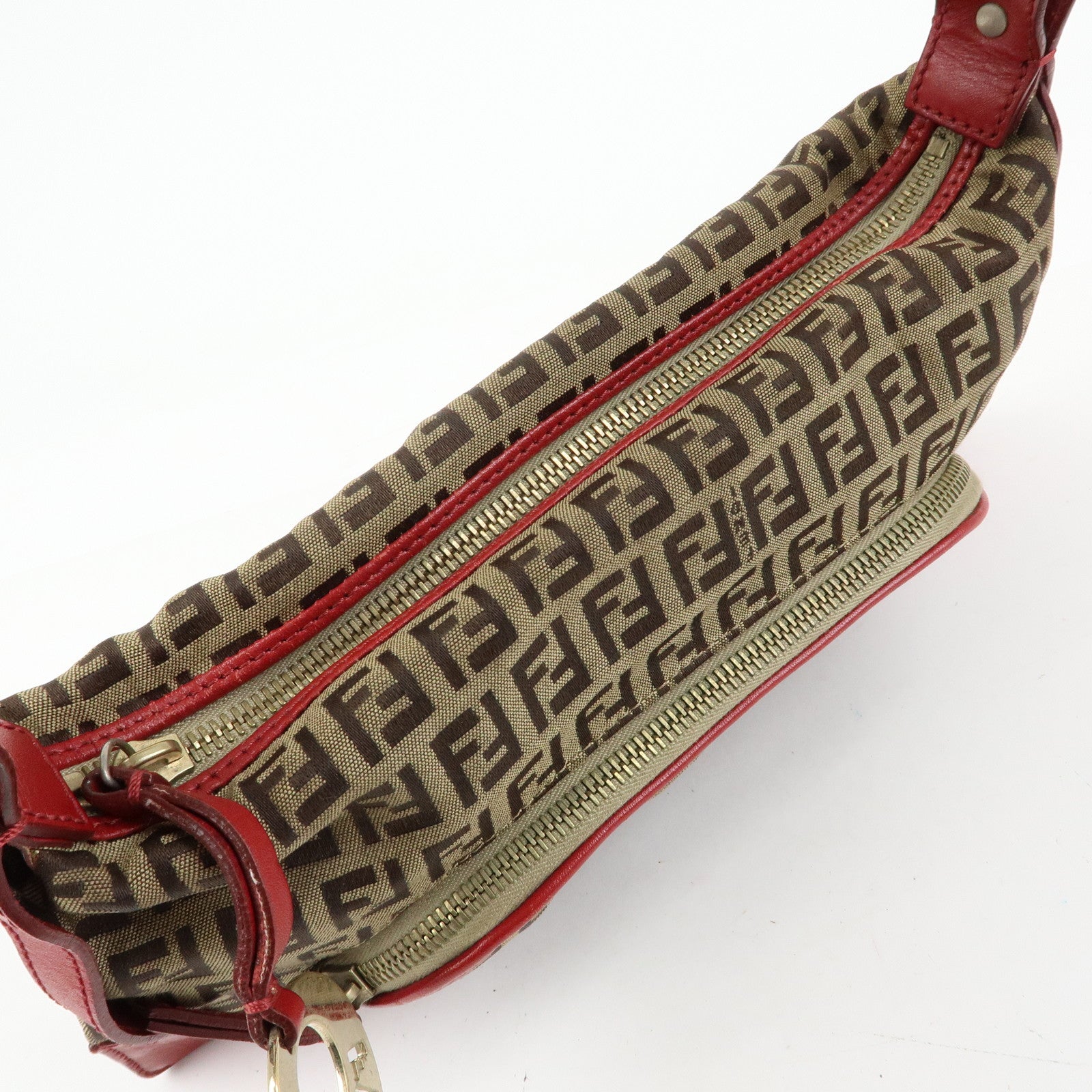 FENDI Zucca Canvas Leather Hand Bag Shoulder Bag Beige Red 8BR464