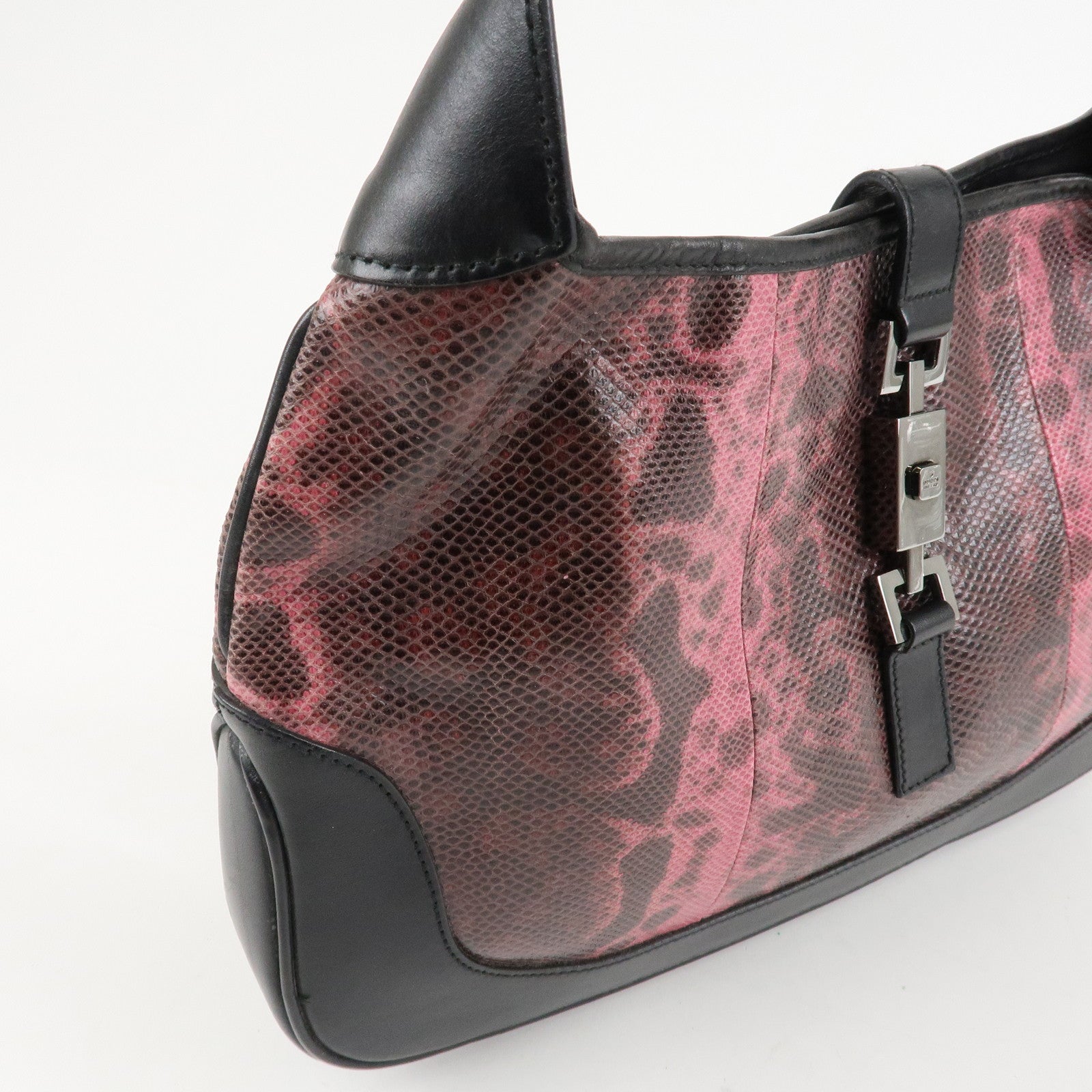GUCCI Jackie Leather Python Shoulder Bag Black Pink 001.3306.3444 Used