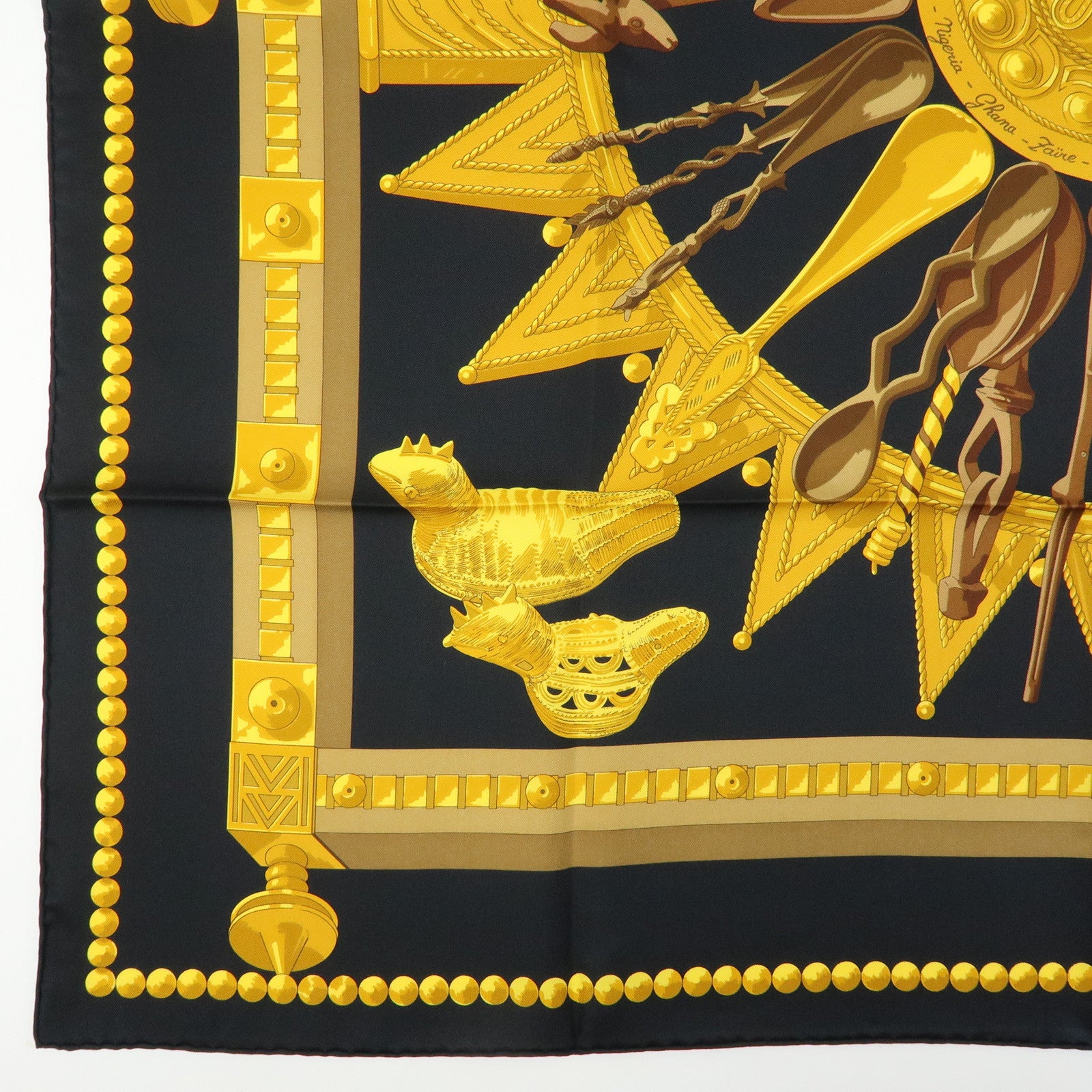 HERMES Carre 90 Silk 100% Scarf CUILLERS D'AFRIQUE Black Gold