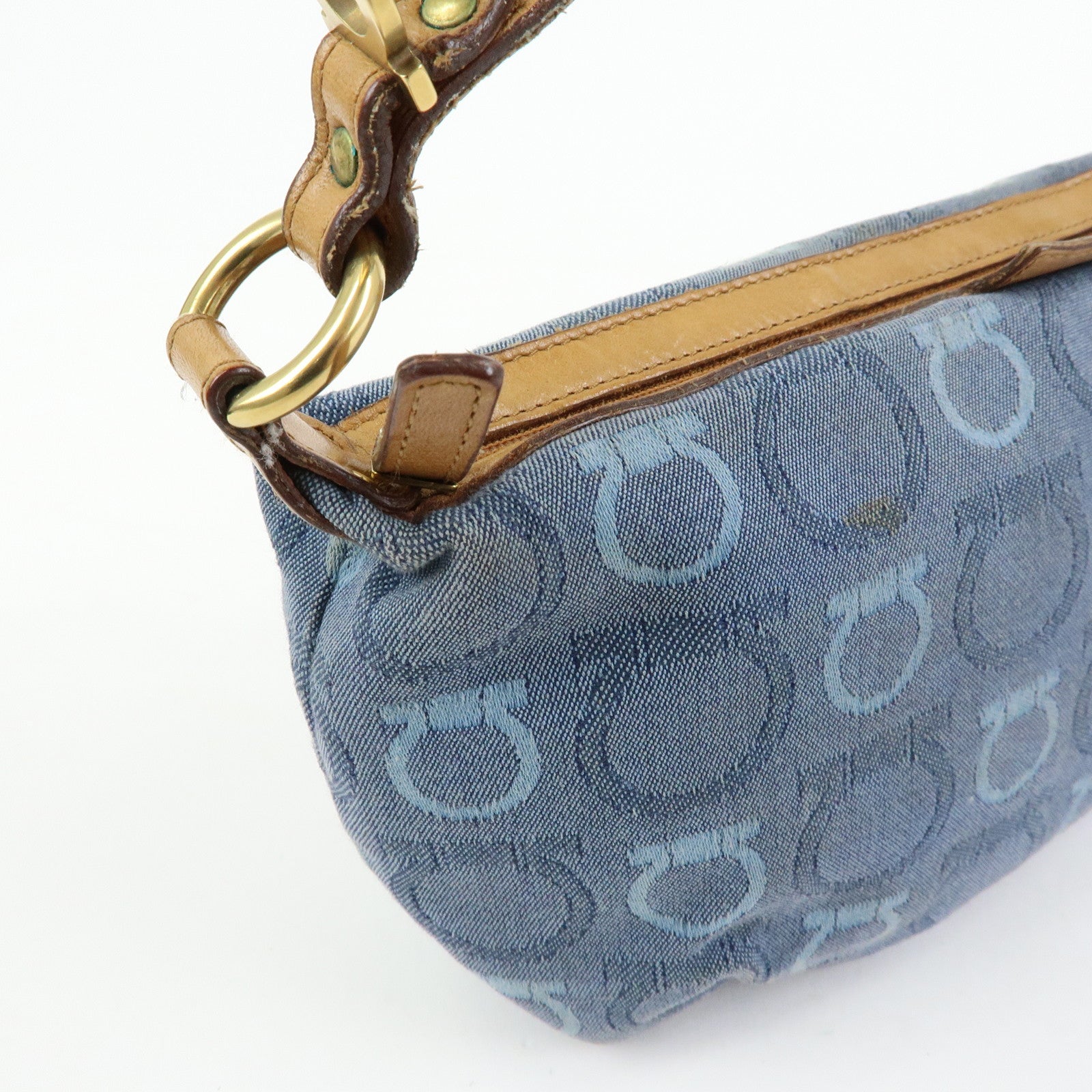 Ferragamo Gancini Canvas Leather Hand Bag Blue Light brown