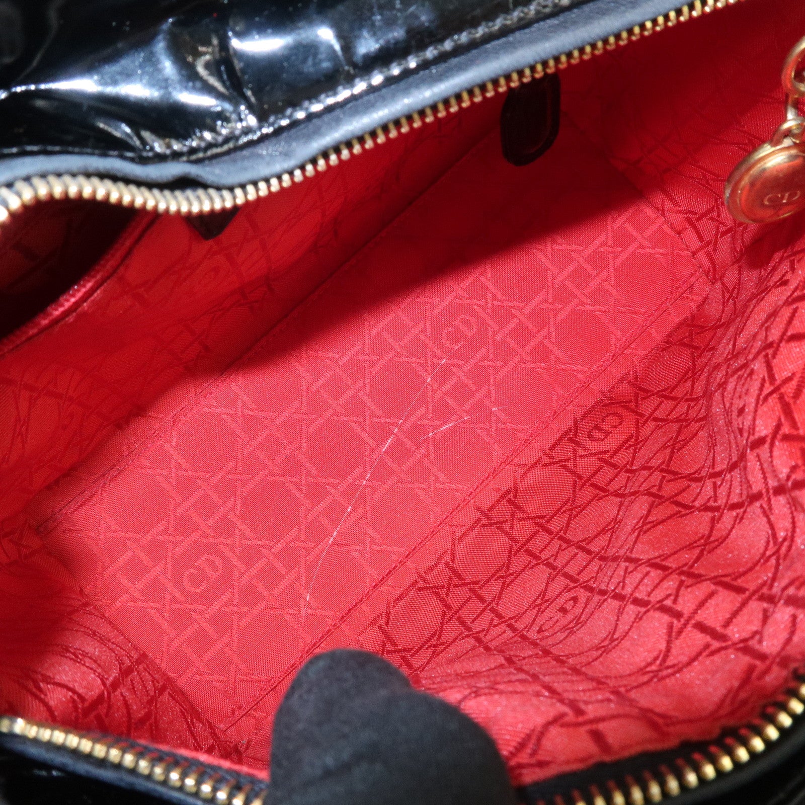 Christian Dior Lady Dior Cannage Patent Leather 2Way Hand Bag Black