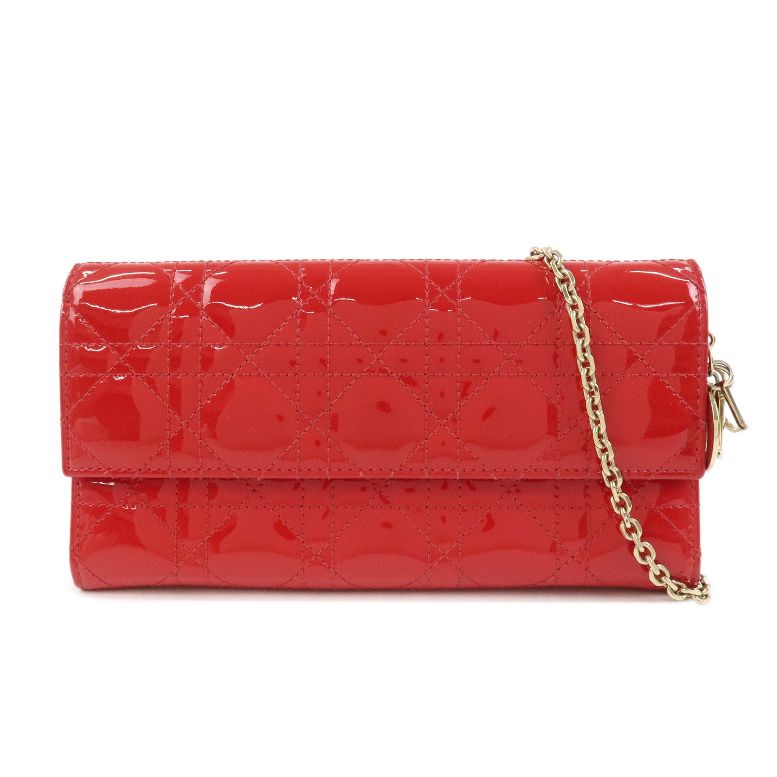 Christian Dior Cannage Patent Leather Chain Long Wallet WOC Red