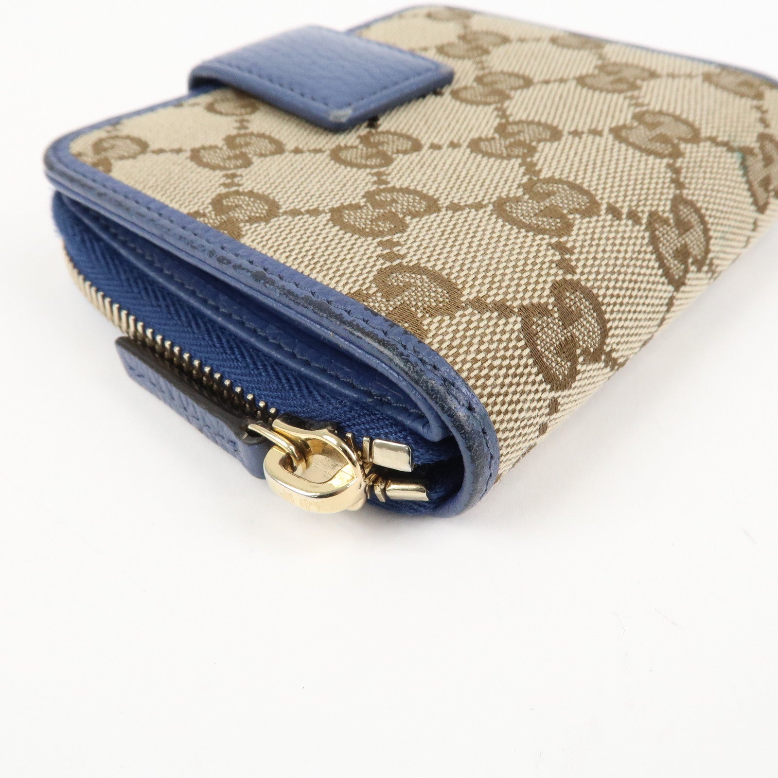 GUCCI GG Canvas Leather Bi-Fold Wallet Beige Blue 346056 Used