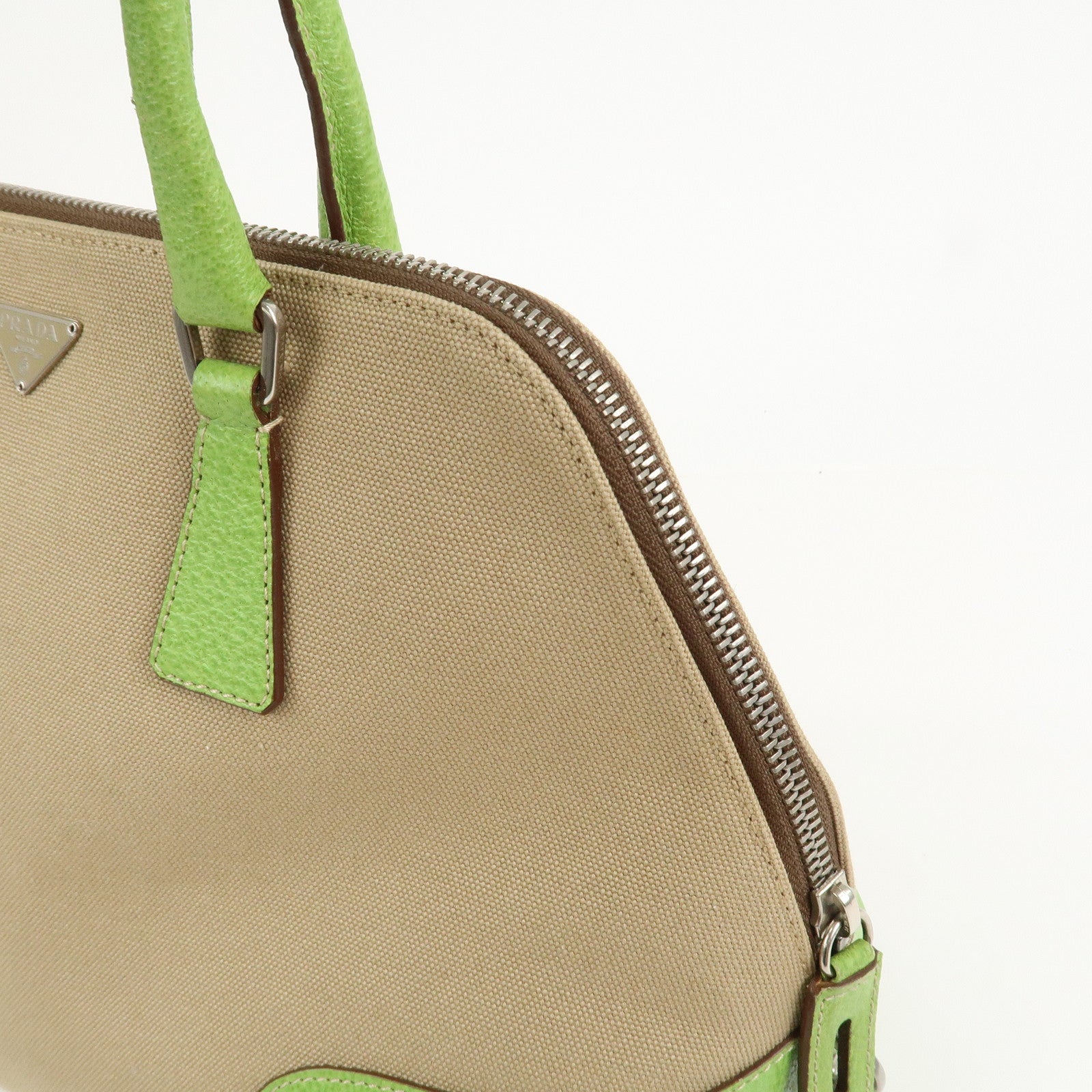 PRADA Canvas Leather Tote Bag Hand Bag Beige Light Green BN0082