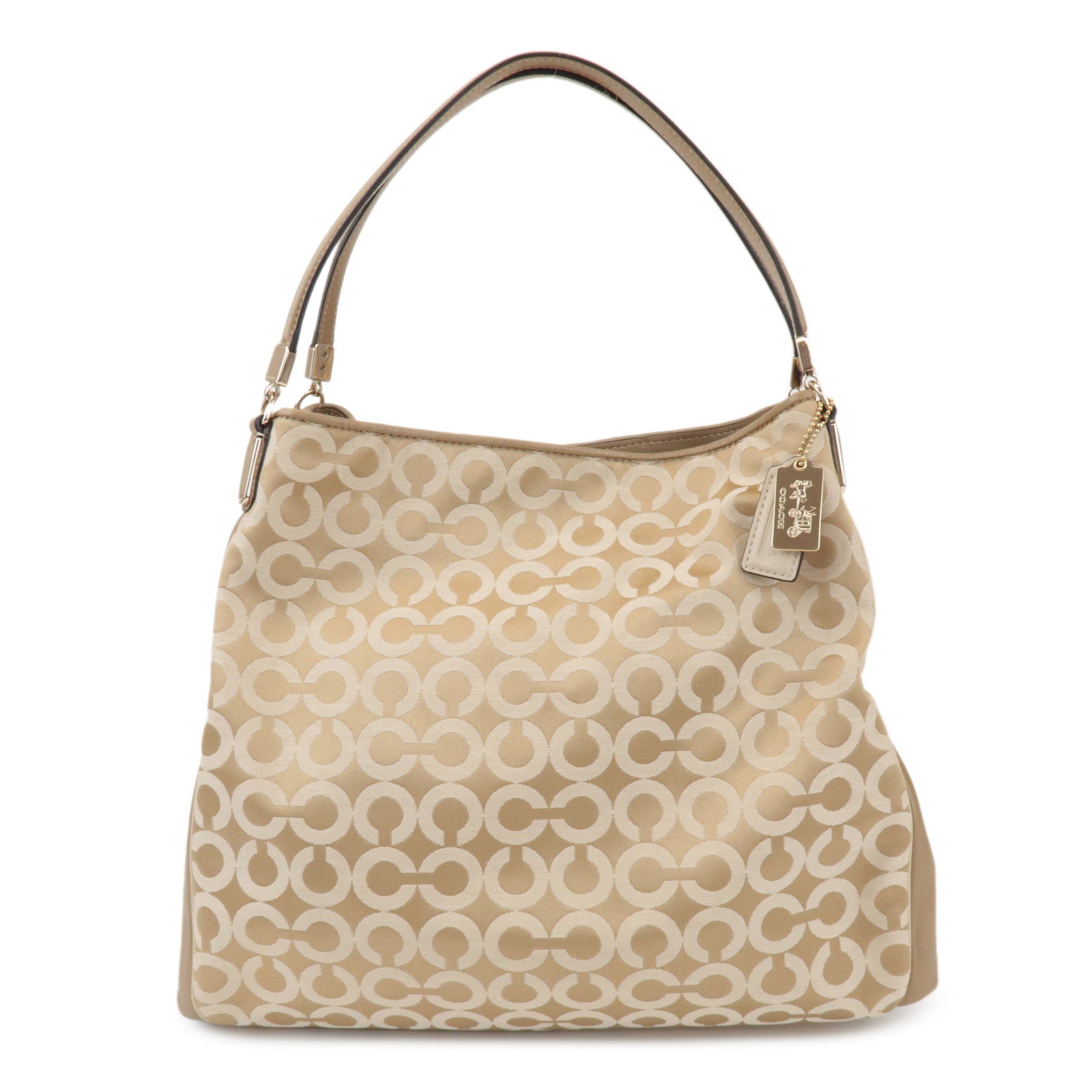 COACH Op Art Satin Leather Shoulder Bag Hand Bag Gold Beige