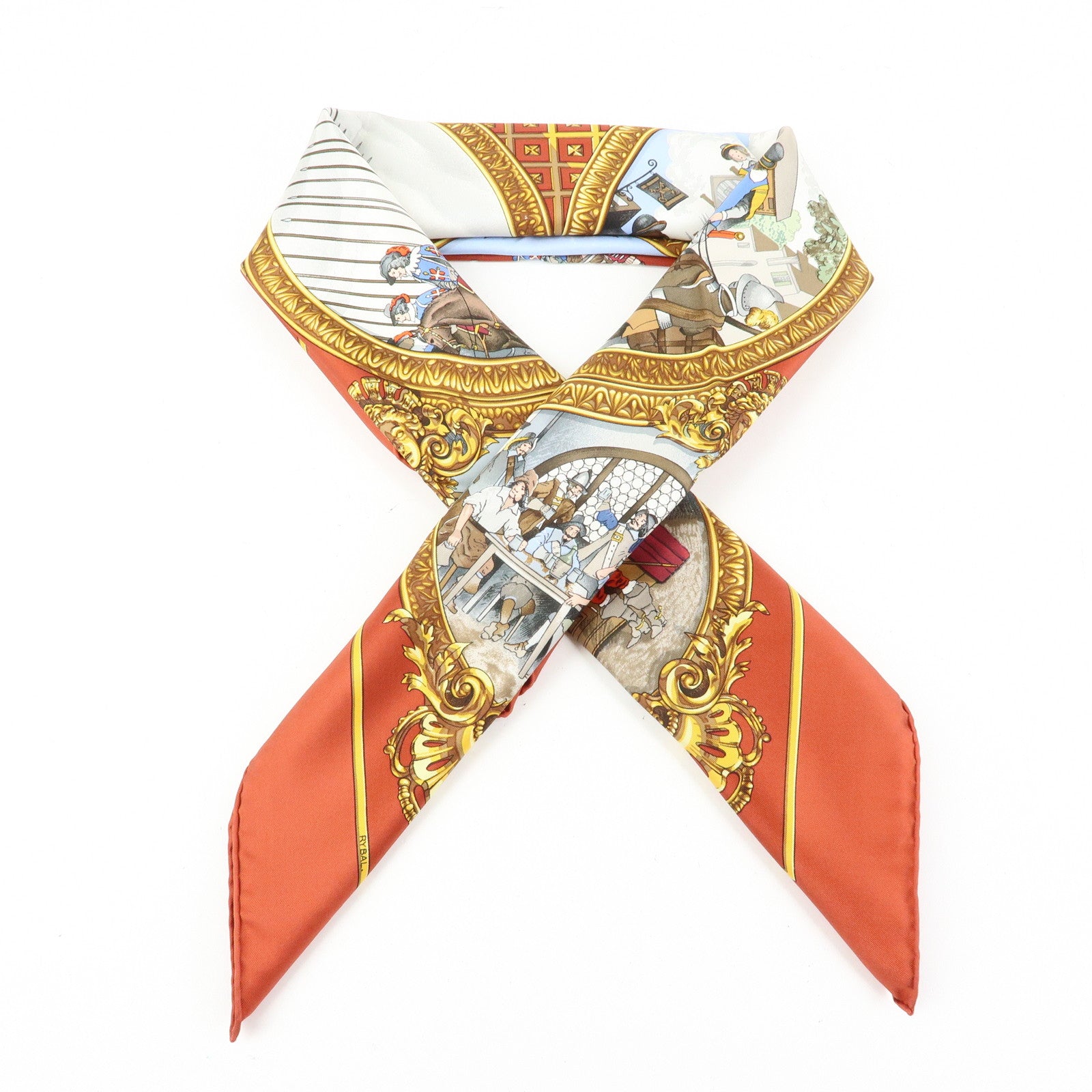 HERMES Carre 90 Silk 100% Scarf Les Trois Mousquetaires Brown Gold