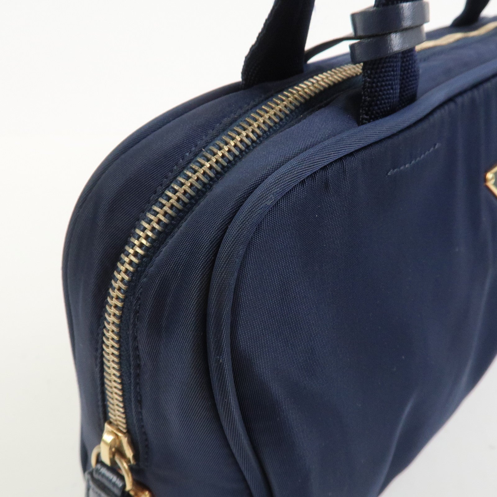 PRADA Triangle Logo Nylon Leather Hand Bag Navy
