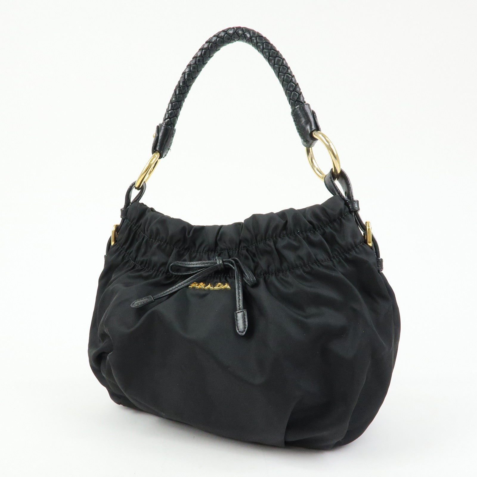 PRADA Ribbon Nylon Leather Shoulder Bag Hand Bag Black BR4237