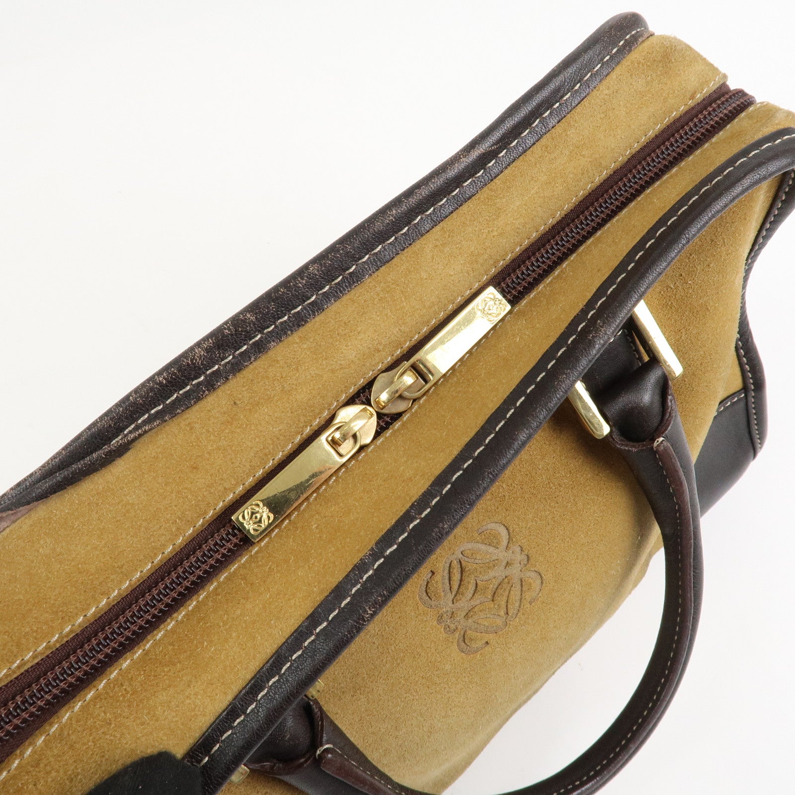 LOEWE Anagram Leather Suede Amazona 28 Hand Bag Beige Brown