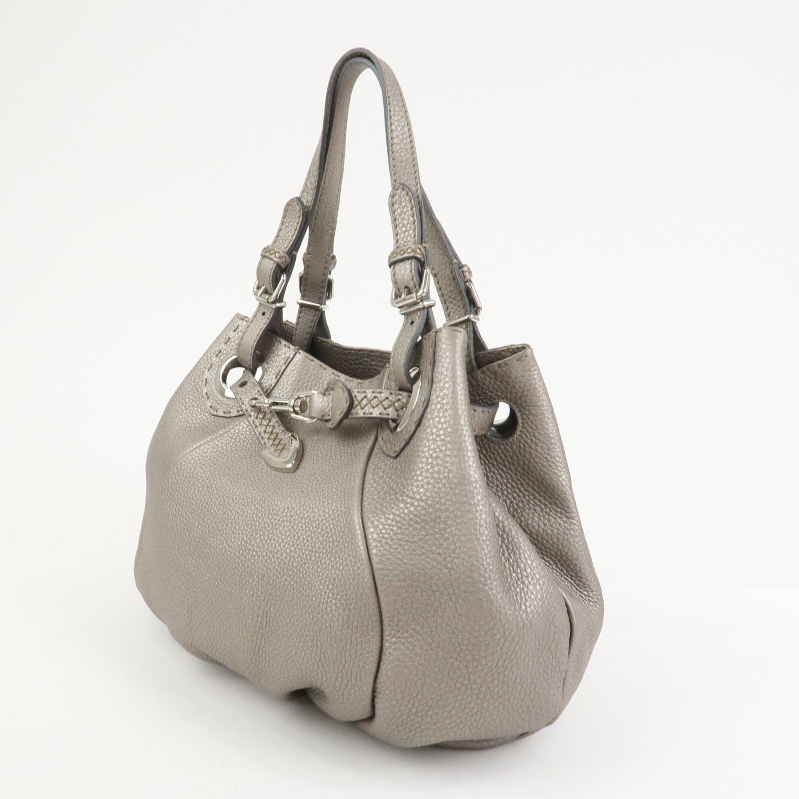 FENDI Selleria Leather Hand Bag Shoulder Bag Silver 8BR595