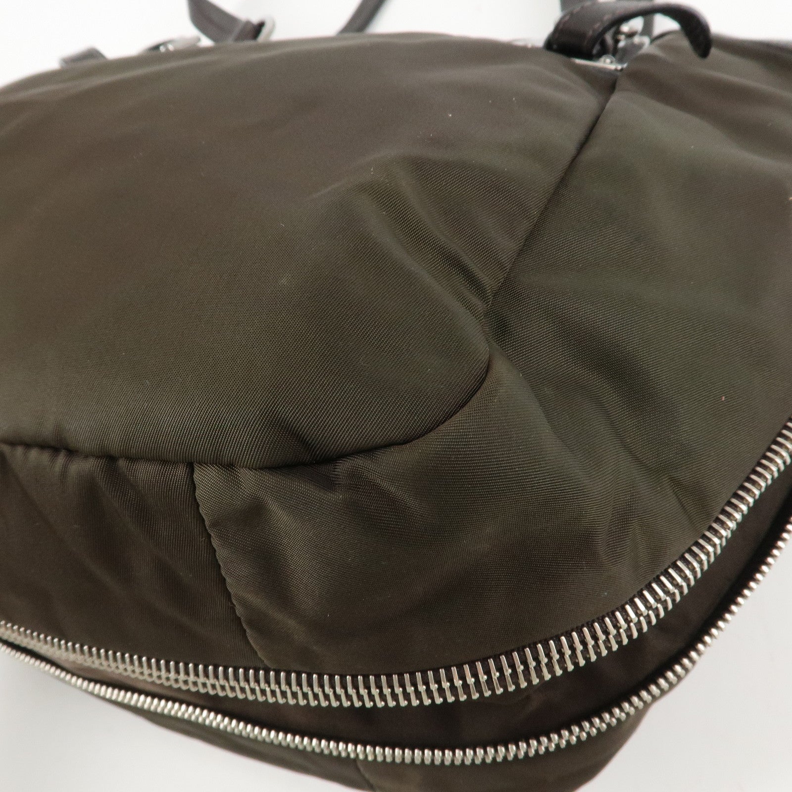 PRADA Logo Nylon Leather Tote Bag Shoulder Bag Khaki Metallic Brown Used