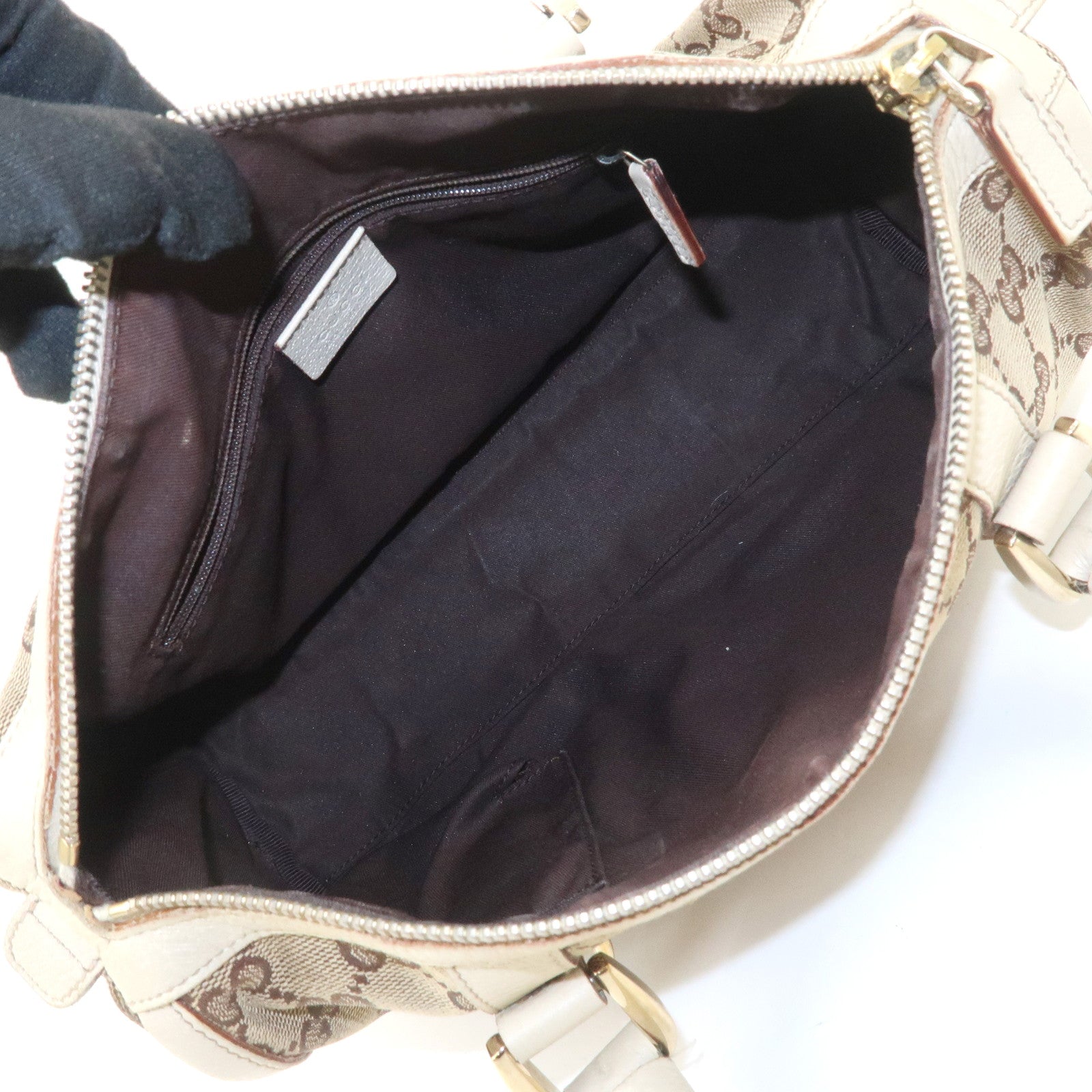 GUCCI Abbey GG Canvas Leather Boston Bag Beige Brown 130942