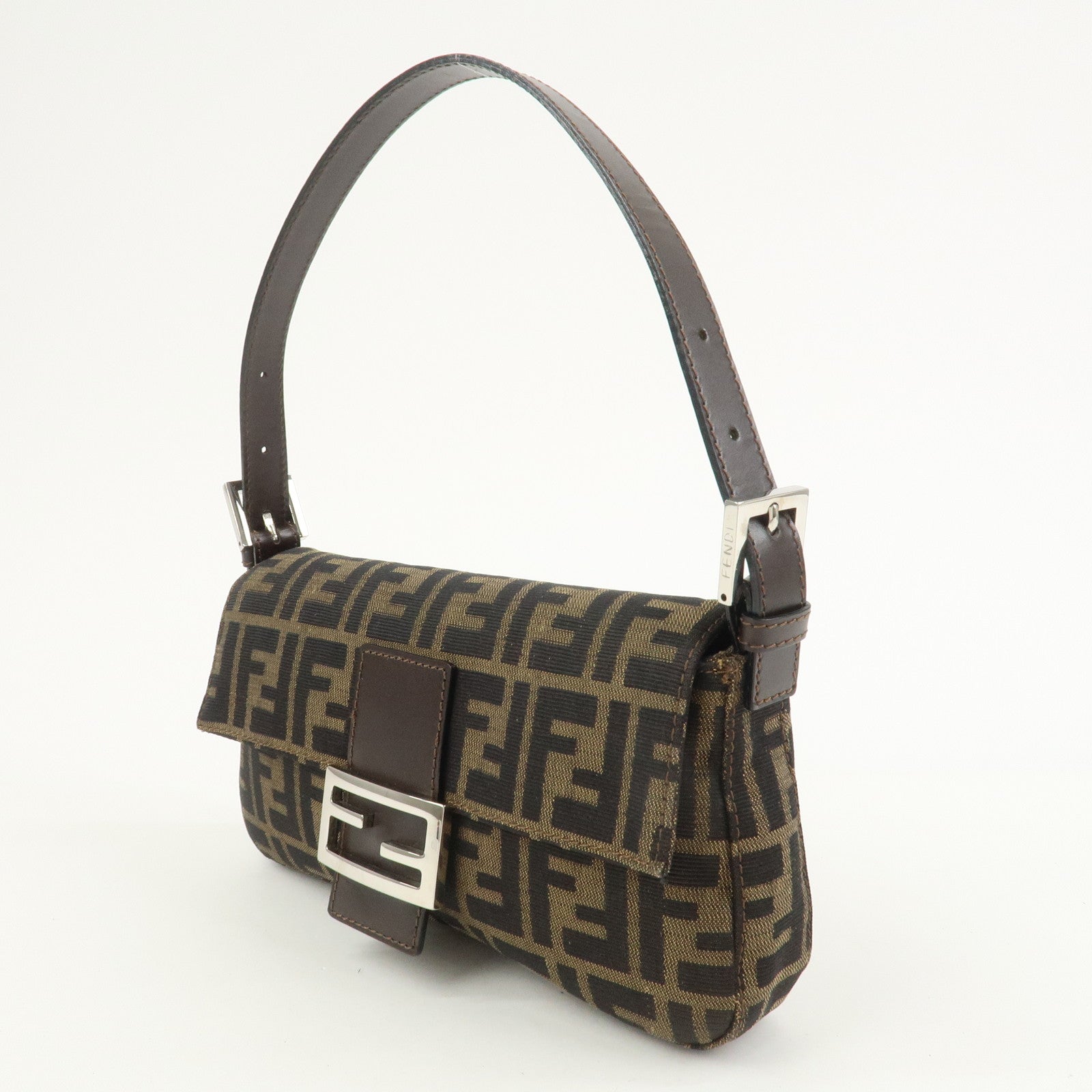 FENDI Mamma Baguette Canvas Leather Shoulder Bag Brown 26424