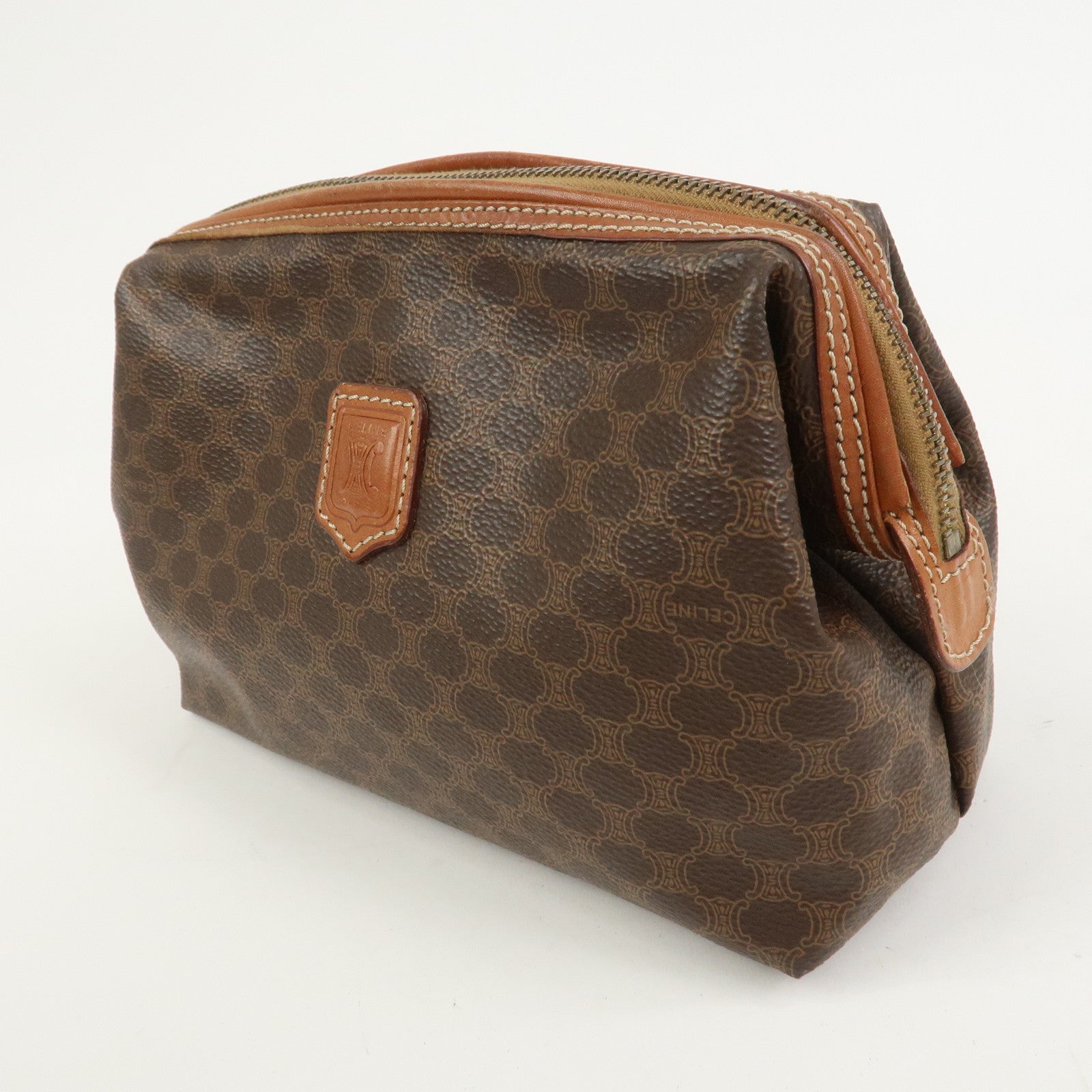 CELINE Macadam PVC Canvas Leather Cosmetic Pouch Brown